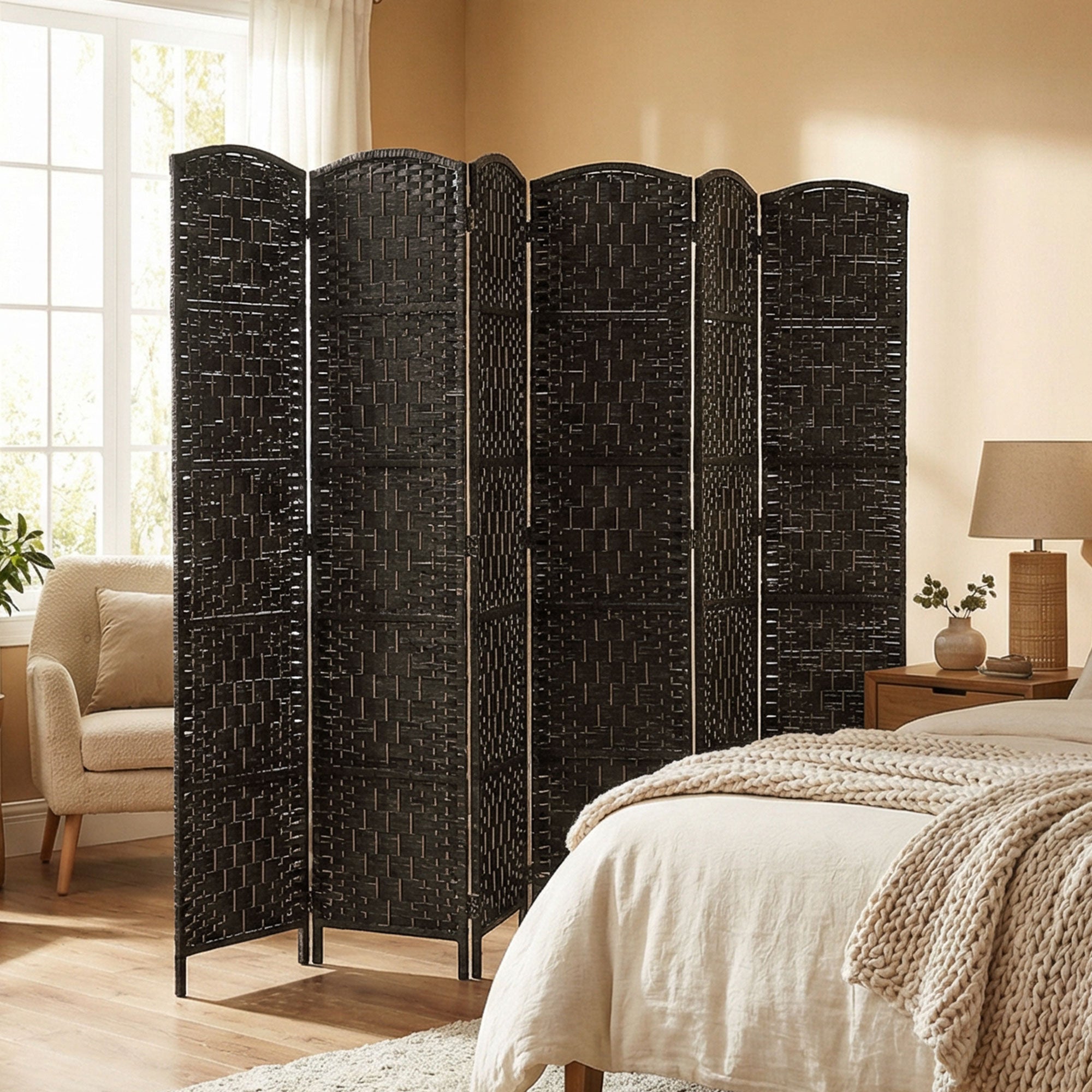 Room Divider, 6 Panel Folding Privacy Screen, 6FT Tall Portable Wicker Weave Partition Wall Divider for Bedroom, Home Office, Coffee