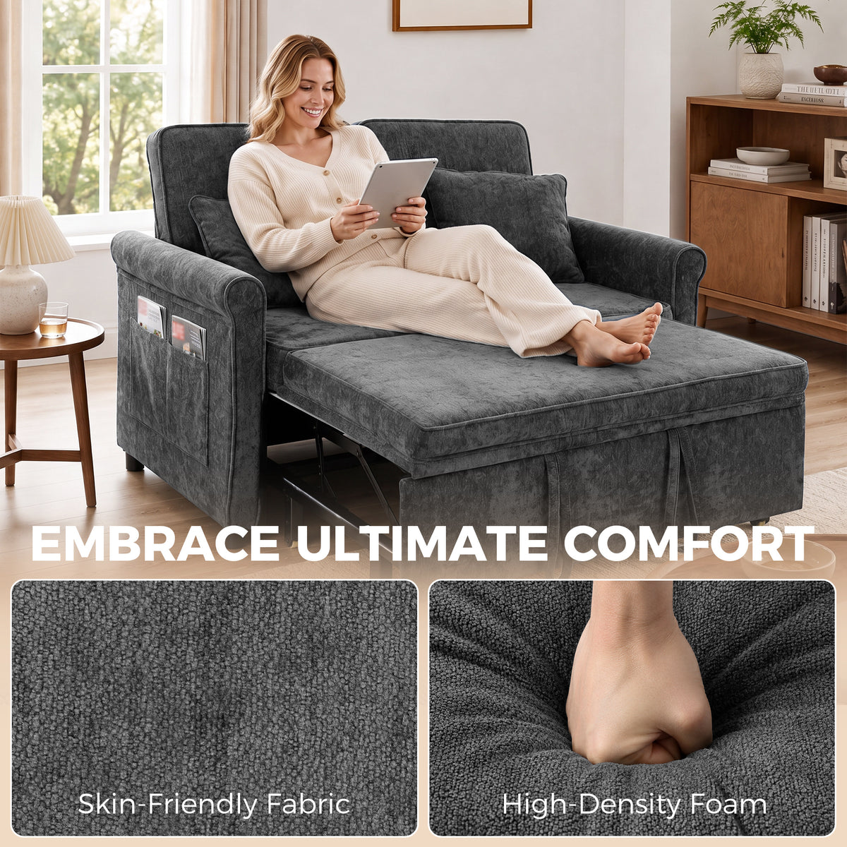 2 Seater Sofa Bed, 3-in-1 Convertible Pull Out Double Sleeper Sofa 190 x 130 cm, 5-Position Adjustable Backrest, Chenille Loveseat Bed Settee for Living Room, Bedroom, Guest Room, Grey