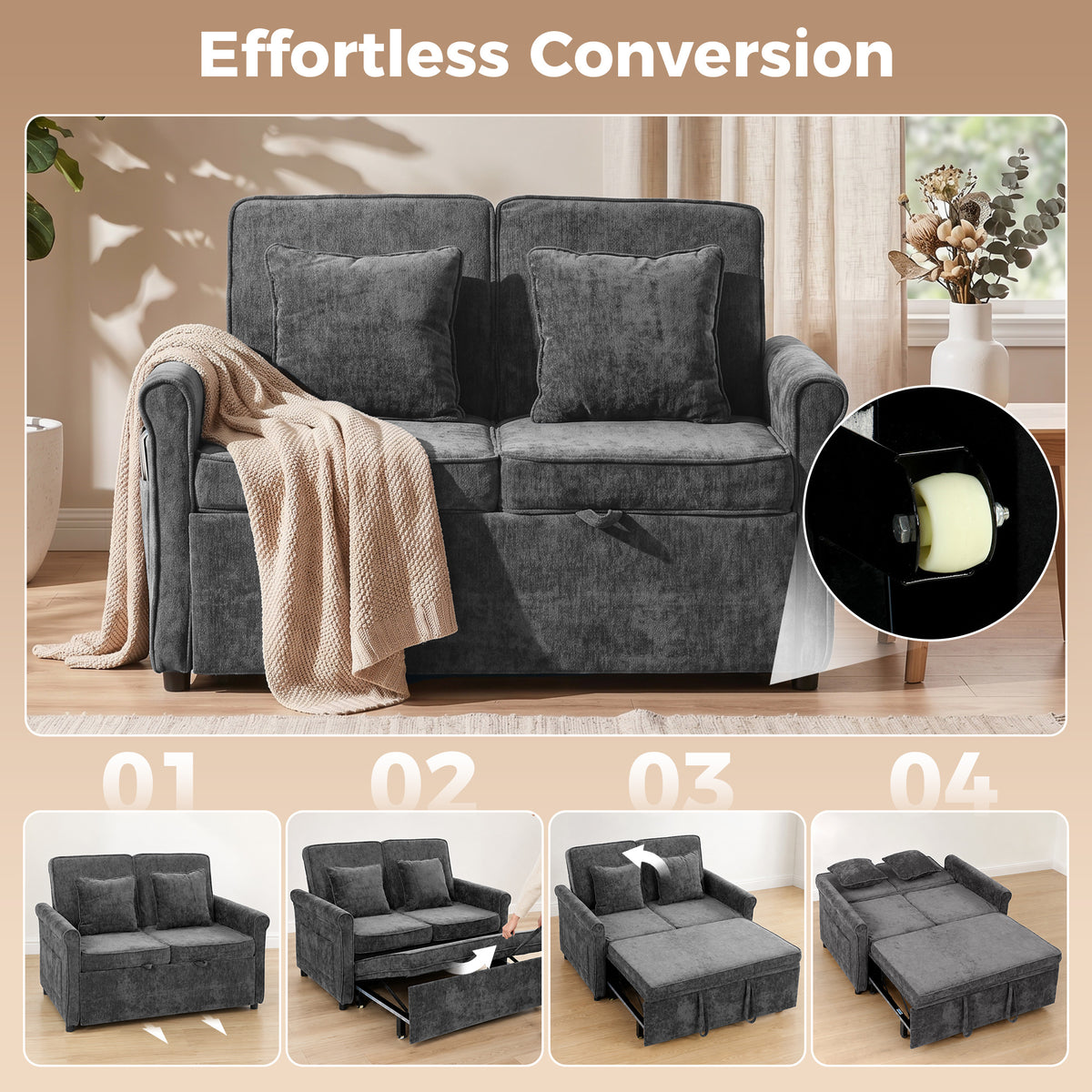2 Seater Sofa Bed, 3-in-1 Convertible Pull Out Double Sleeper Sofa 190 x 130 cm, 5-Position Adjustable Backrest, Chenille Loveseat Bed Settee for Living Room, Bedroom, Guest Room, Grey