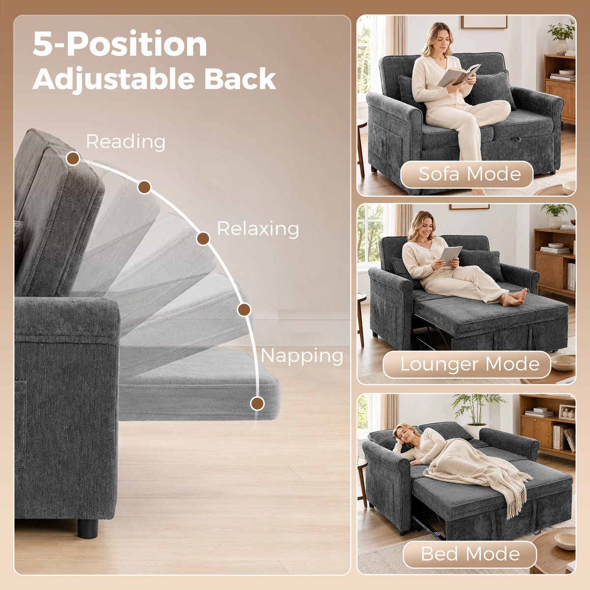 2 Seater Sofa Bed, 3-in-1 Convertible Pull Out Double Sleeper Sofa 190 x 130 cm, 5-Position Adjustable Backrest, Chenille Loveseat Bed Settee for Living Room, Bedroom, Guest Room, Grey