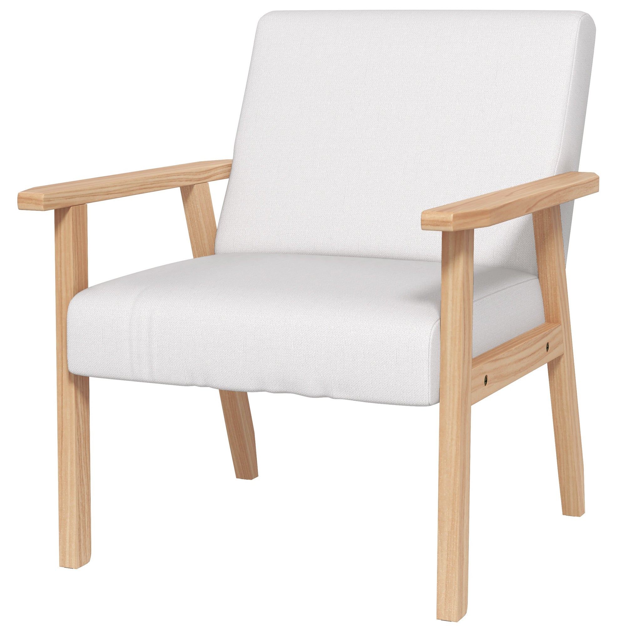 HOMCOM Accent Chair Wood Frame with Thick Linen Cushions Wide Seat Armchair Home Furniture Bedroom Office Cream White