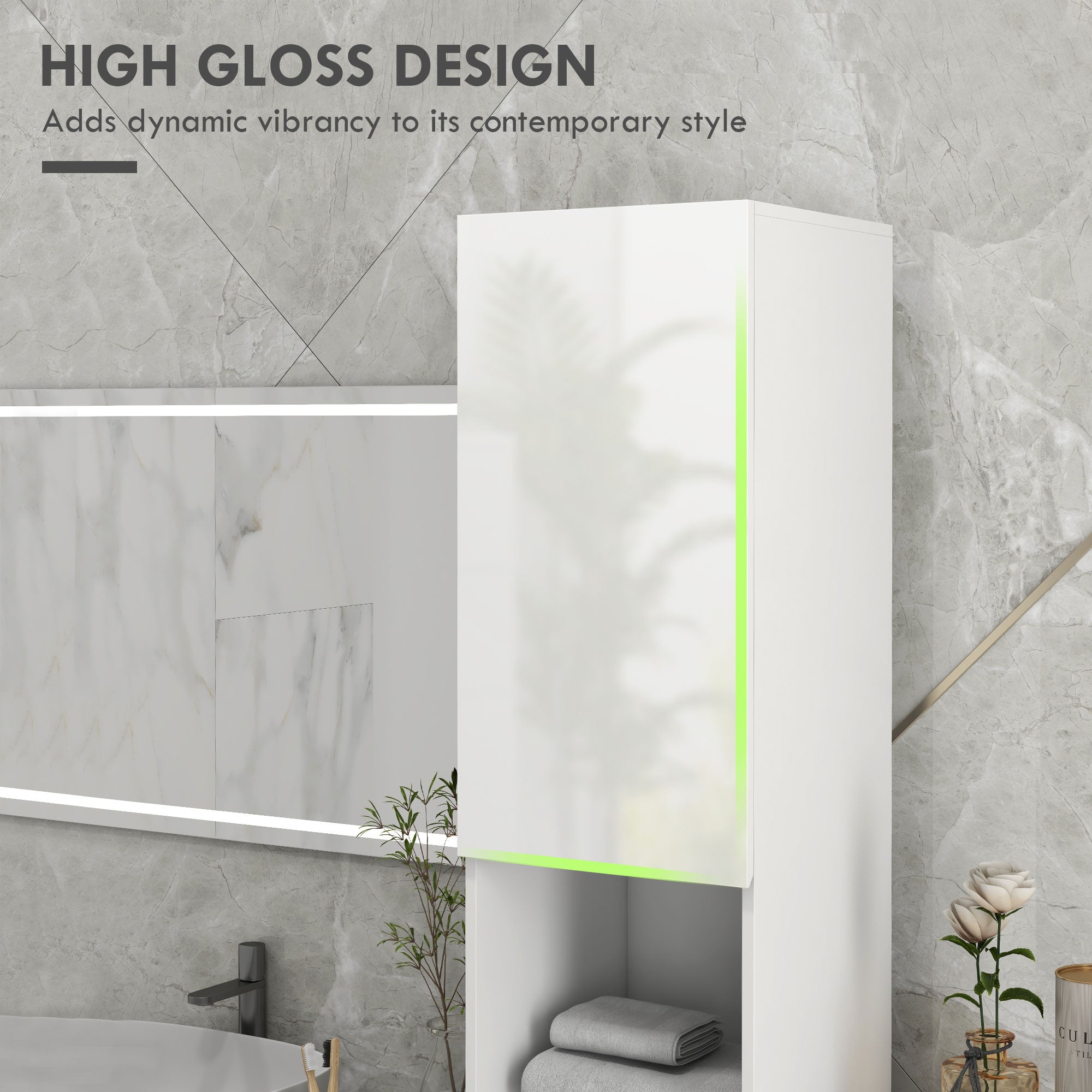 kleankin High Gloss Slim Bathroom Cabinet, Free Standing Bathroom Storage Cabinet with 2 Open Shelves, 2 Door Cupboards and Adjustable Shelves, White
