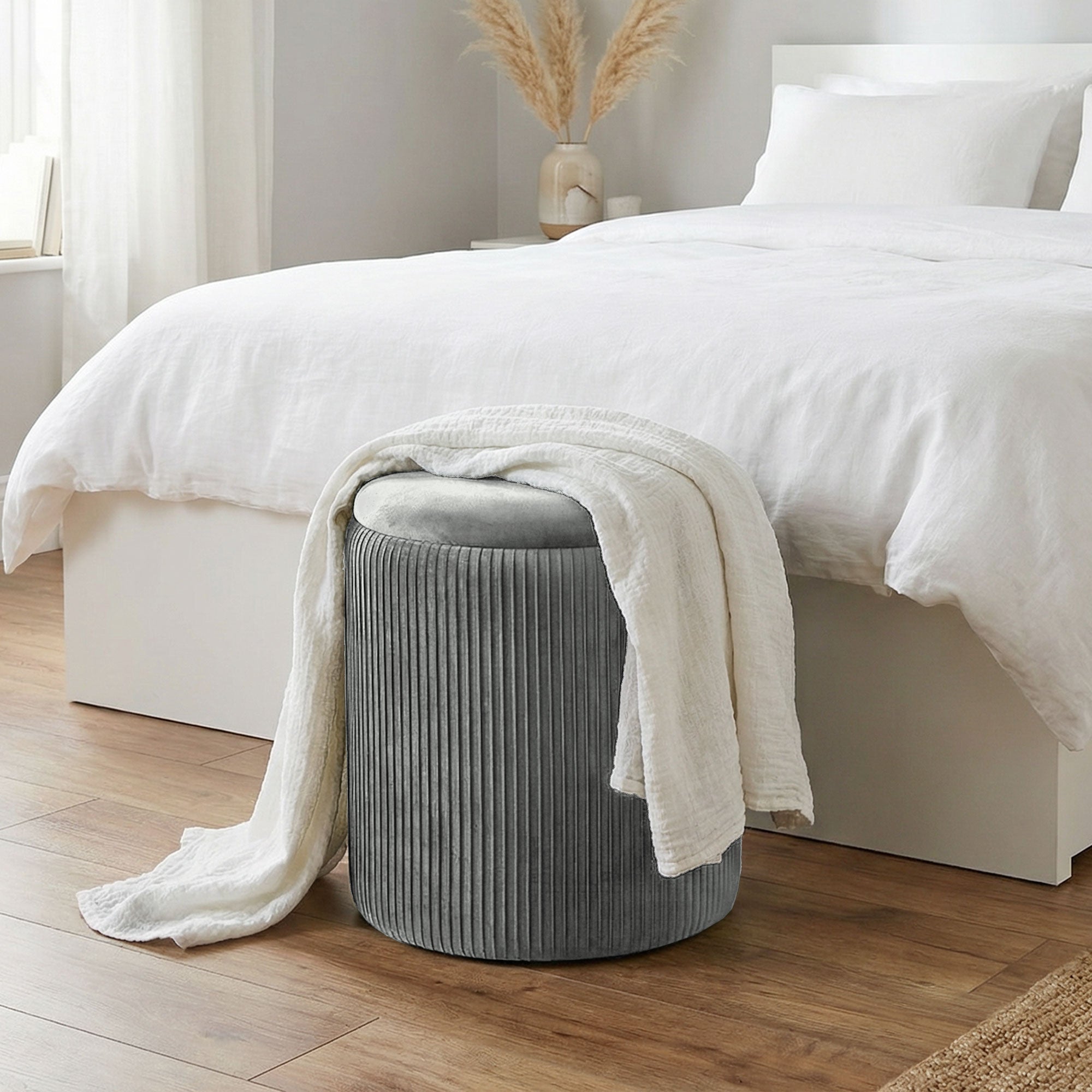 Round Storage Ottoman, Velvet-feel Fabric Upholstered Foot Stool with Removable Top, Padded Seat and Hidden Space for Living Room, Bedroom, Grey