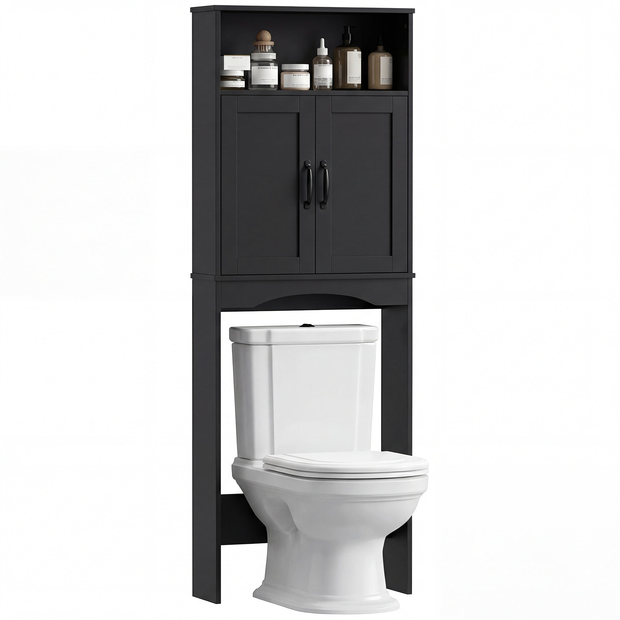 Over the Toilet Storage Cabinet, Over Toilet Bathroom Organizer with 2 Doors and Open Shelf, Freestanding Above Restroom Space Saver for Bathroom, Laundry, Restroom, Black