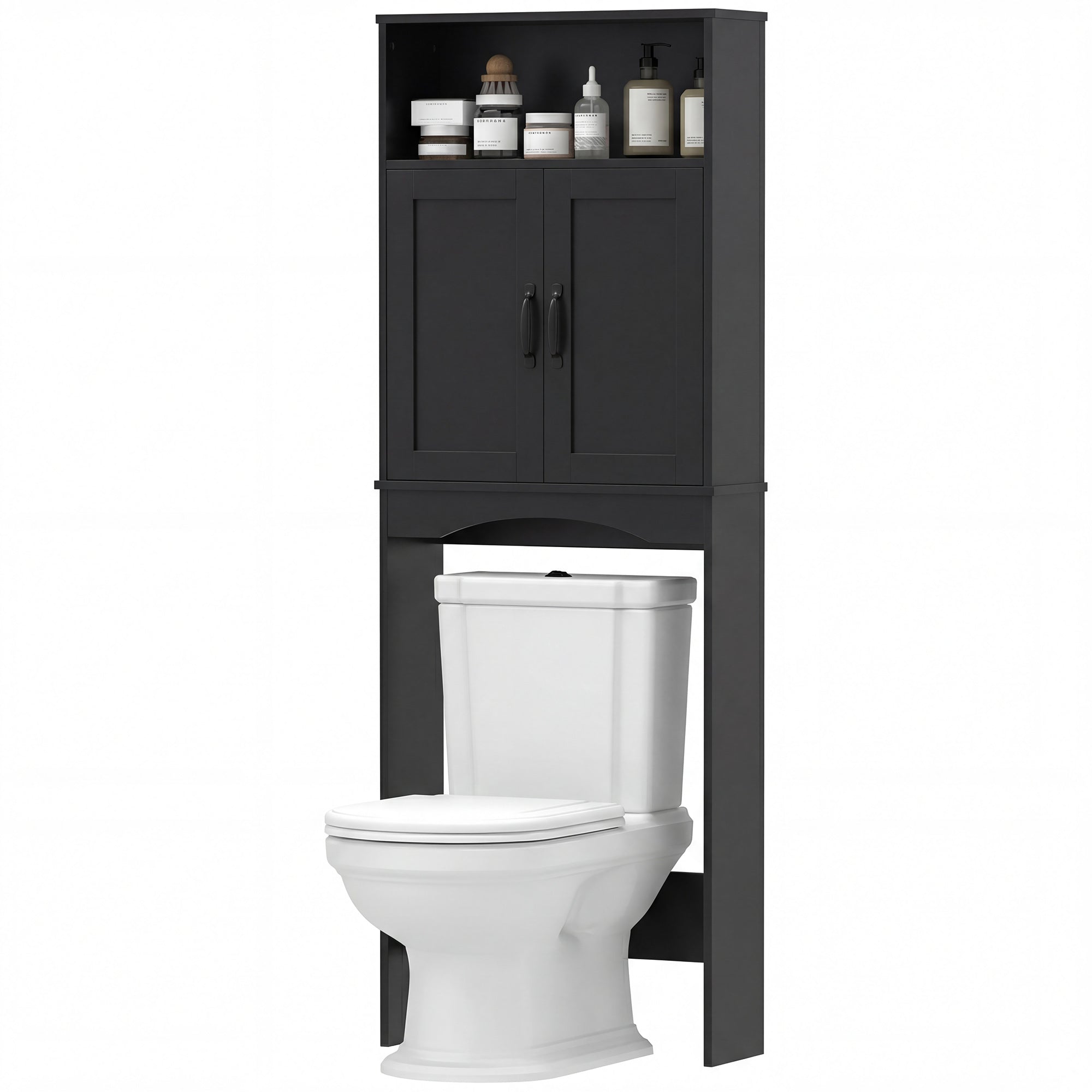 Over the Toilet Storage Cabinet, Over Toilet Bathroom Organizer with 2 Doors and Open Shelf, Freestanding Above Restroom Space Saver for Bathroom, Laundry, Restroom, Black