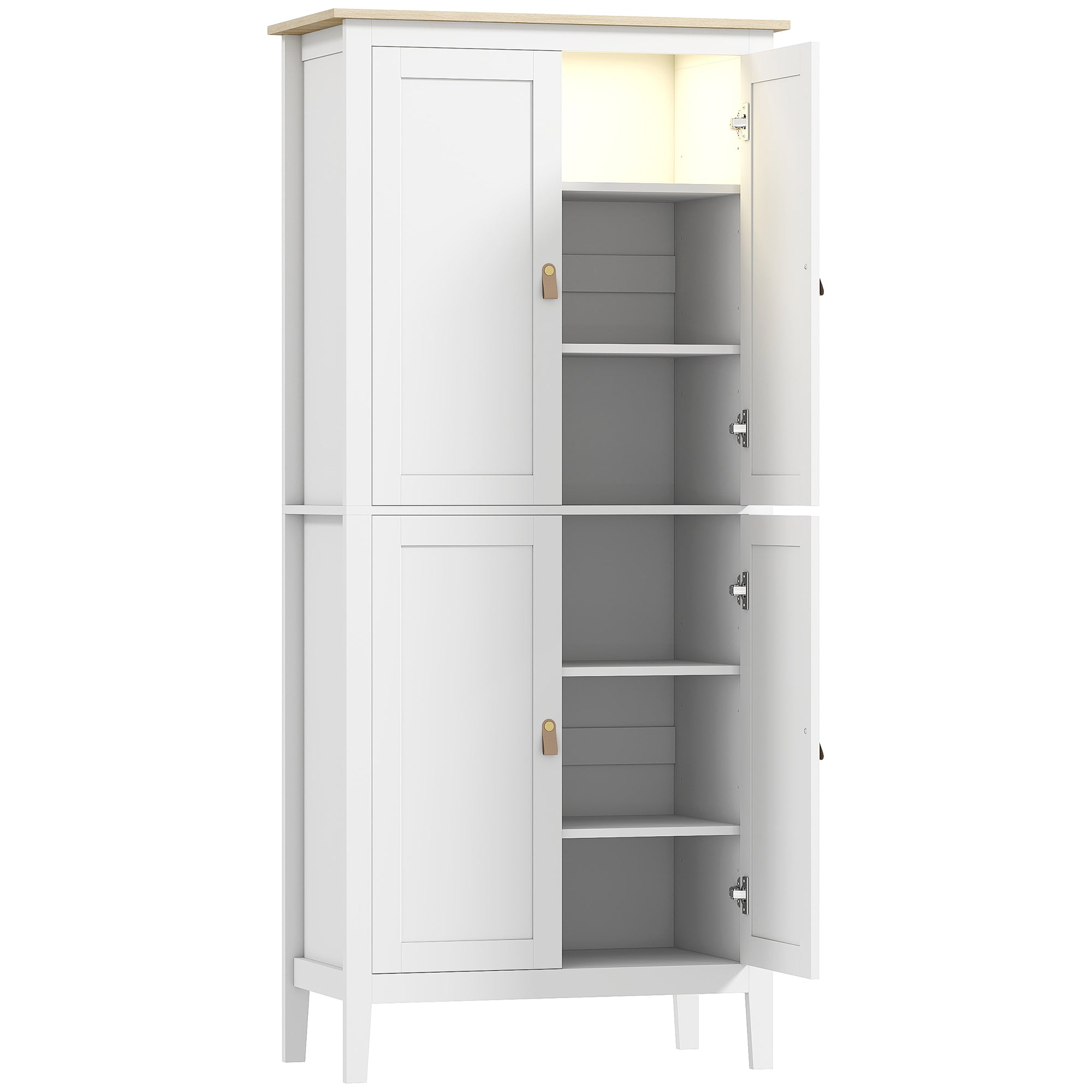 Tall Kitchen Cupboard with Motion Sensor LED Light, 3-Colour Dimmable Lighting, 177 cm Freestanding Storage Cabinet with Doors and Adjustable Shelves, White