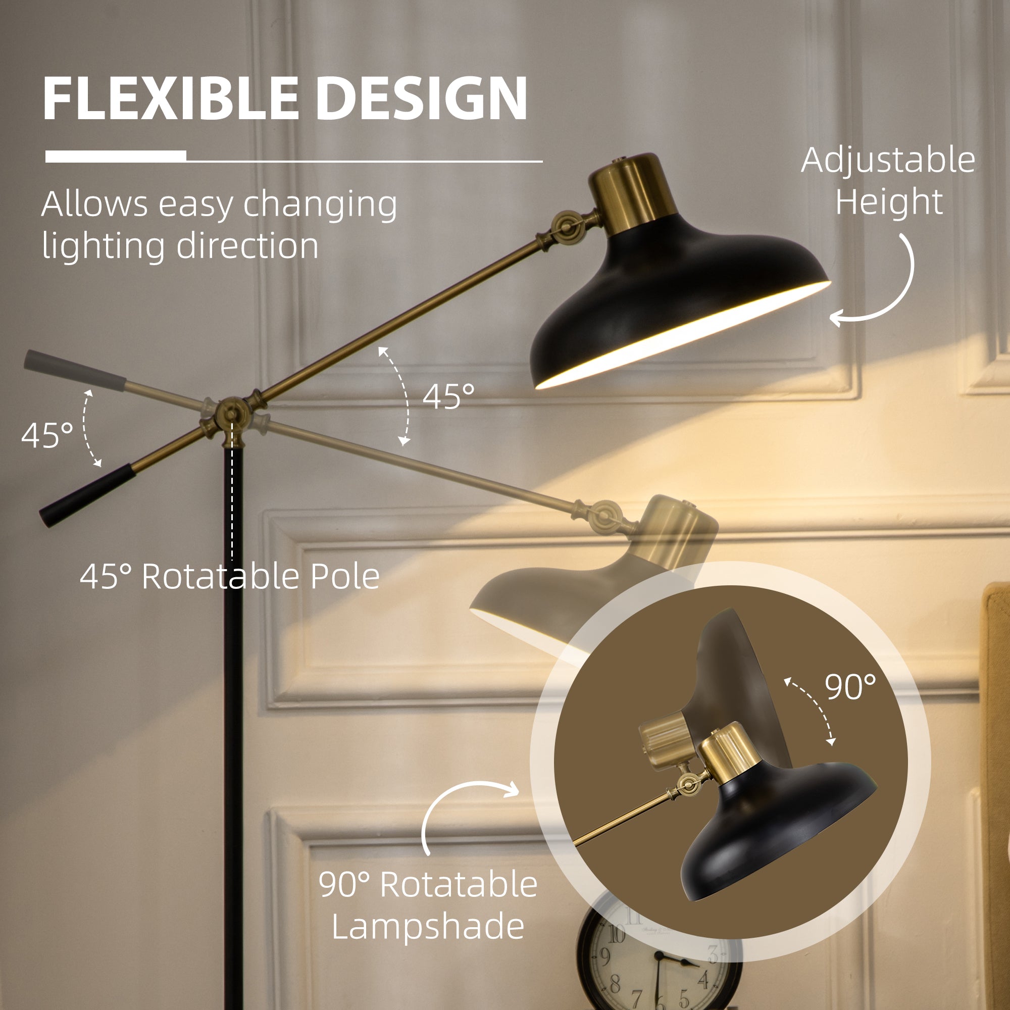 Adjustable Floor Lamp For Living Room Standing Lamp For Bedroom With Balance Arm Tall Black And Gold - HOMCOM