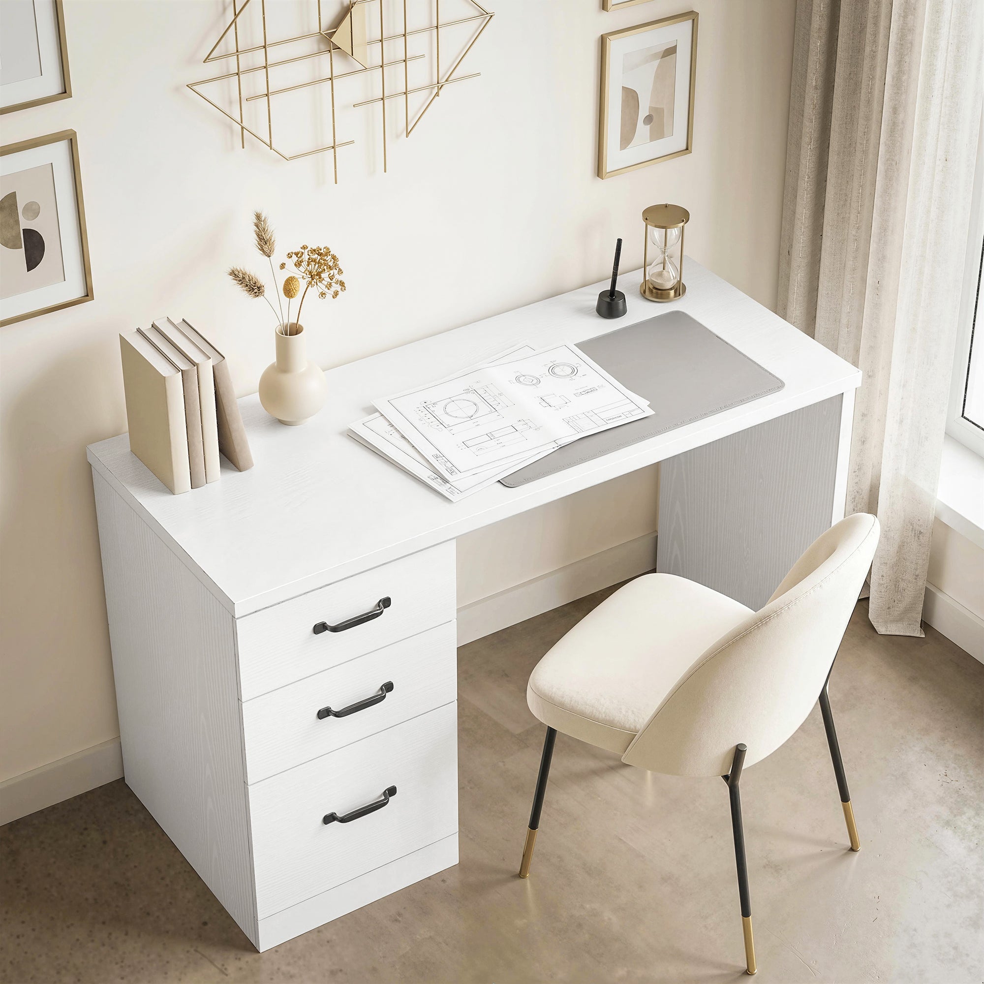 Computer Desk with 3 Drawers, 47" Home Office Desk with Adjustable Hanging Rails for Letter A4 Files, 1.2" Thick Top, Writing Table for Home Office, Study, Bedroom, White