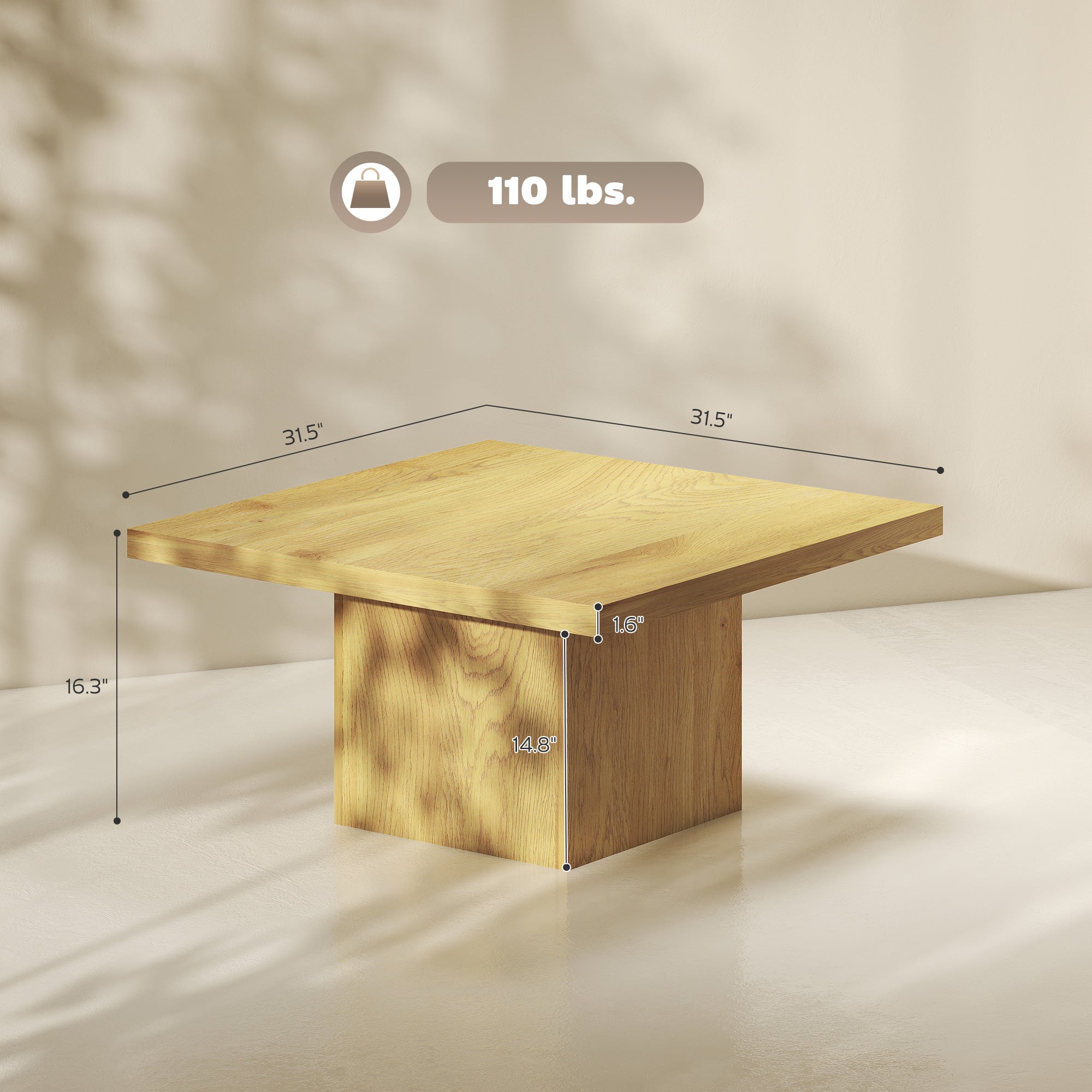 Square Coffee Table, Center Table with 1.6" Thick Tabletop for Living Room, Easy Assembly, 31.5"x31.5", Light Brown