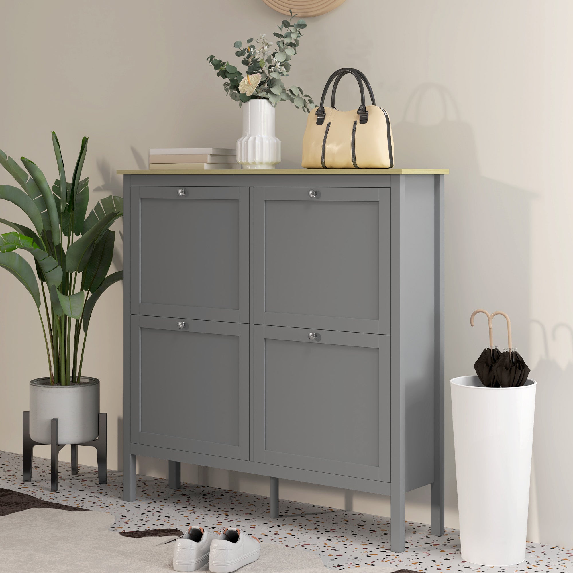 HOMCOM Narrow Shoe Cabinet with 4 Flip Drawers and Adjustable Shelves, Entryway Shoe Storage Unit for 20 Pairs of Shoes, Grey