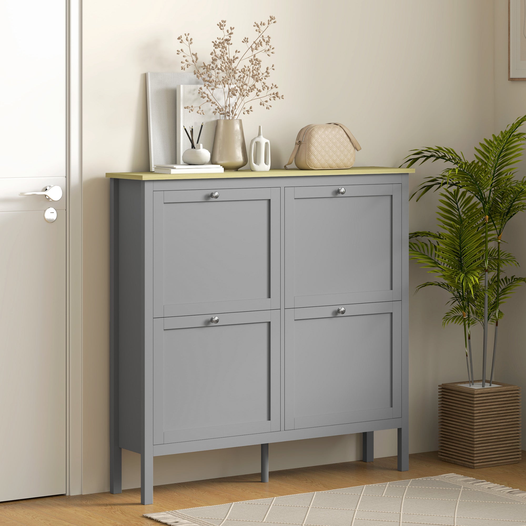 HOMCOM Narrow Shoe Cabinet with 4 Flip Drawers and Adjustable Shelves, Entryway Shoe Storage Unit for 20 Pairs of Shoes, Grey