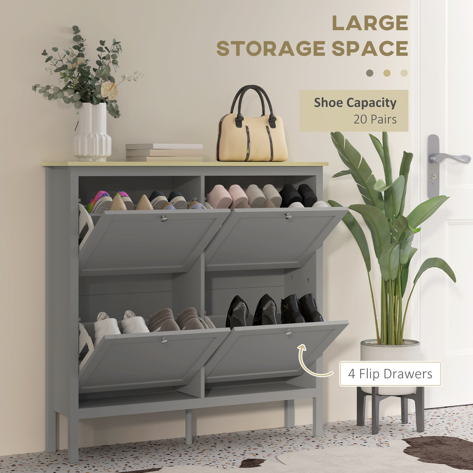 HOMCOM Narrow Shoe Cabinet with 4 Flip Drawers and Adjustable Shelves, Entryway Shoe Storage Unit for 20 Pairs of Shoes, Grey