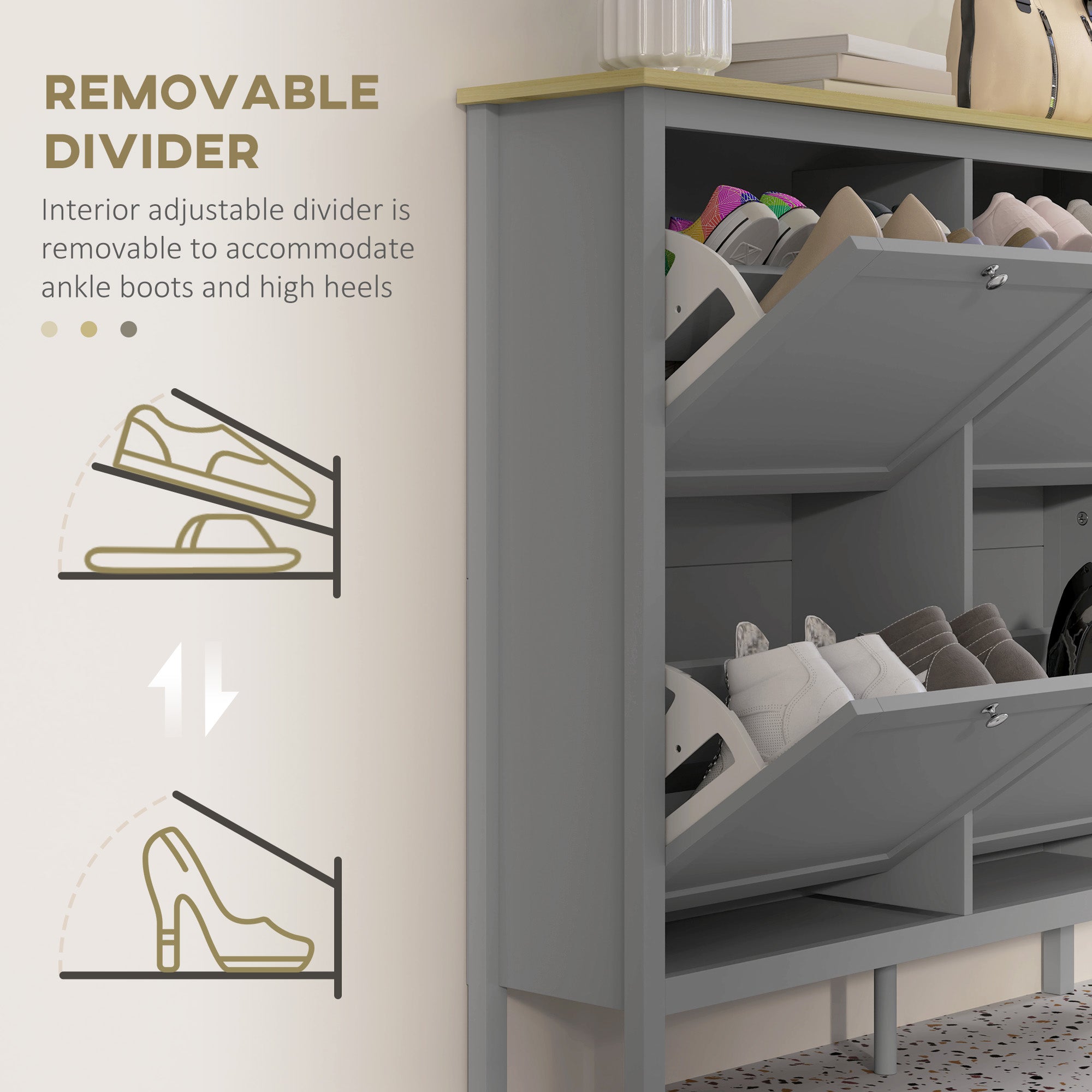 HOMCOM Narrow Shoe Cabinet with 4 Flip Drawers and Adjustable Shelves, Entryway Shoe Storage Unit for 20 Pairs of Shoes, Grey