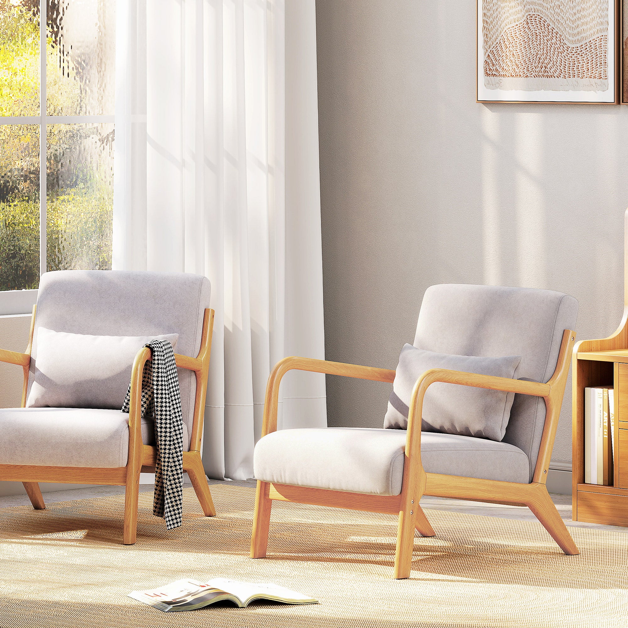 Fabric Accent Chair, Velvet Armchair, Retro Living Room Chair with Wood Legs and Thick Padding for Bedroom, Grey