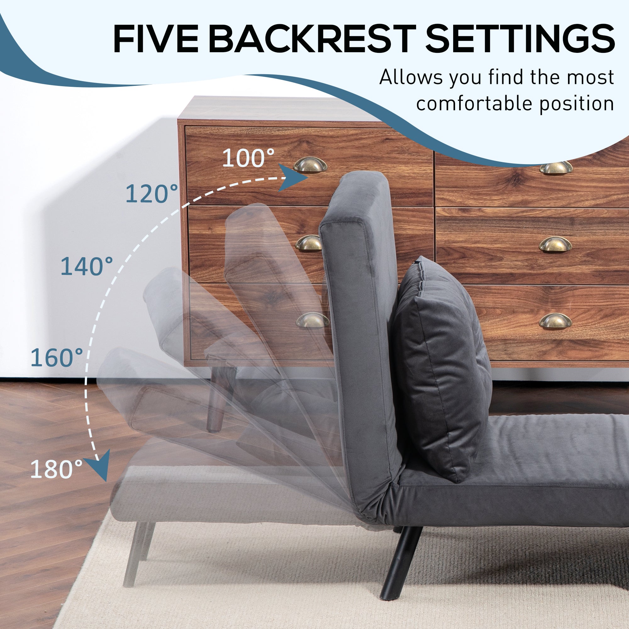 HOMCOM Single Chair Bed, Click Clack Convertible Bed Settee, Modern Velvet Feel Fabric Chair Couch with 1 Tufted Cushion, Wood Armrests, for Living Room, Bedroom, Guest Room, Charcoal Grey