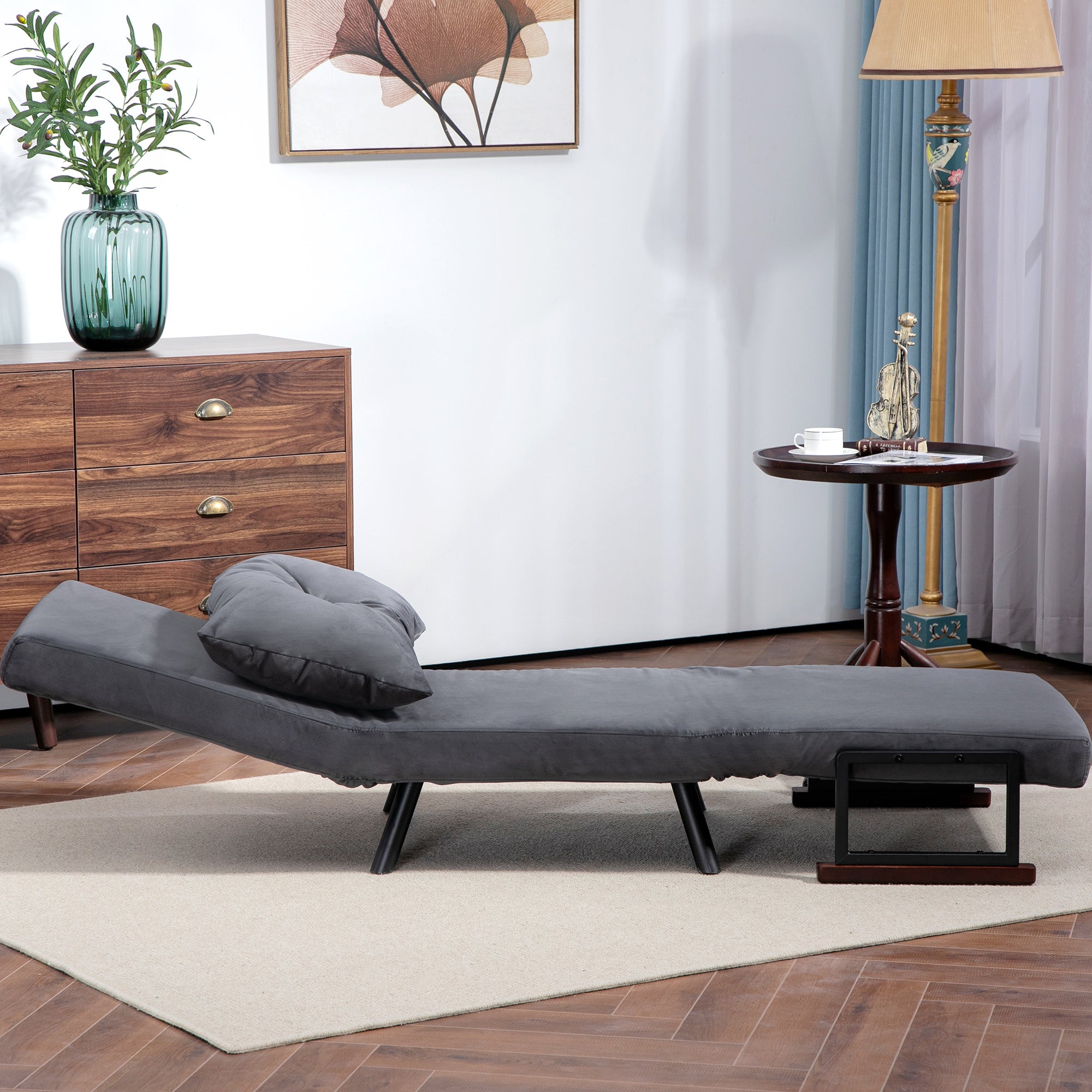 HOMCOM Single Chair Bed, Click Clack Convertible Bed Settee, Modern Velvet Feel Fabric Chair Couch with 1 Tufted Cushion, Wood Armrests, for Living Room, Bedroom, Guest Room, Charcoal Grey