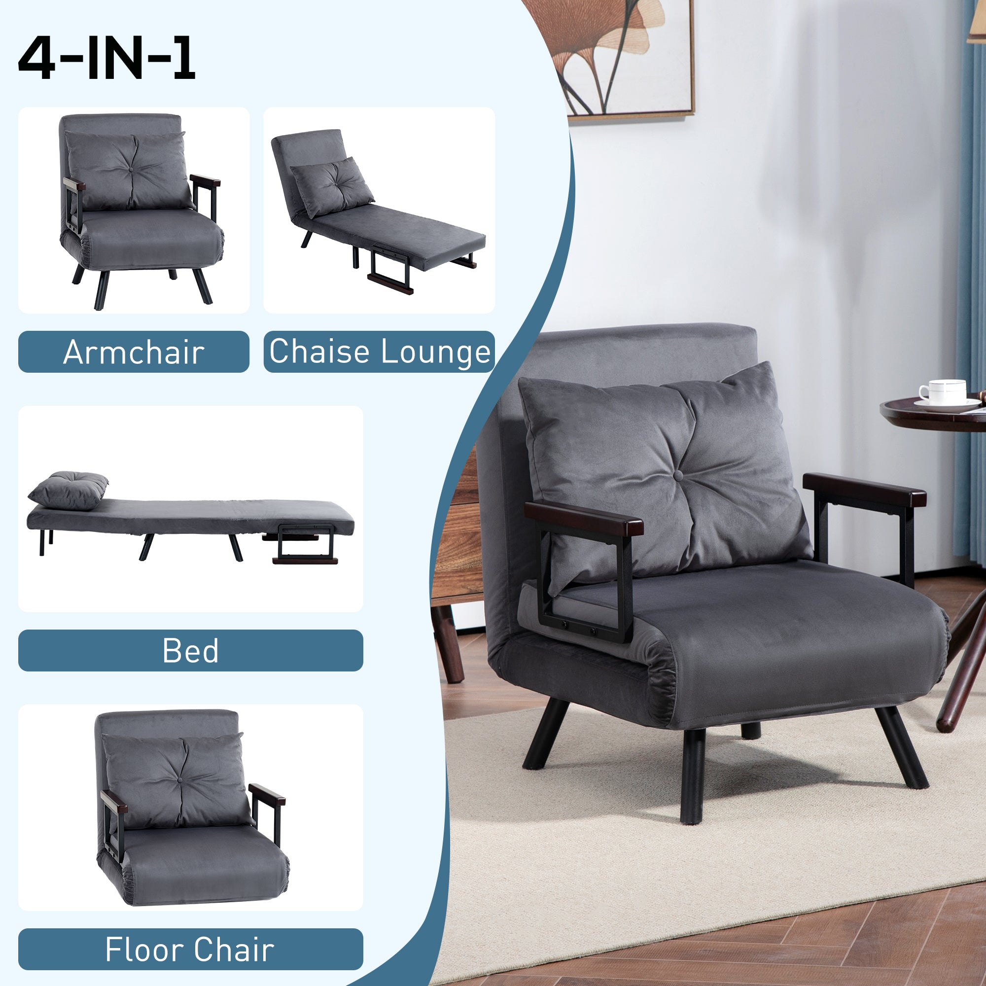 HOMCOM Single Chair Bed, Click Clack Convertible Bed Settee, Modern Velvet Feel Fabric Chair Couch with 1 Tufted Cushion, Wood Armrests, for Living Room, Bedroom, Guest Room, Charcoal Grey