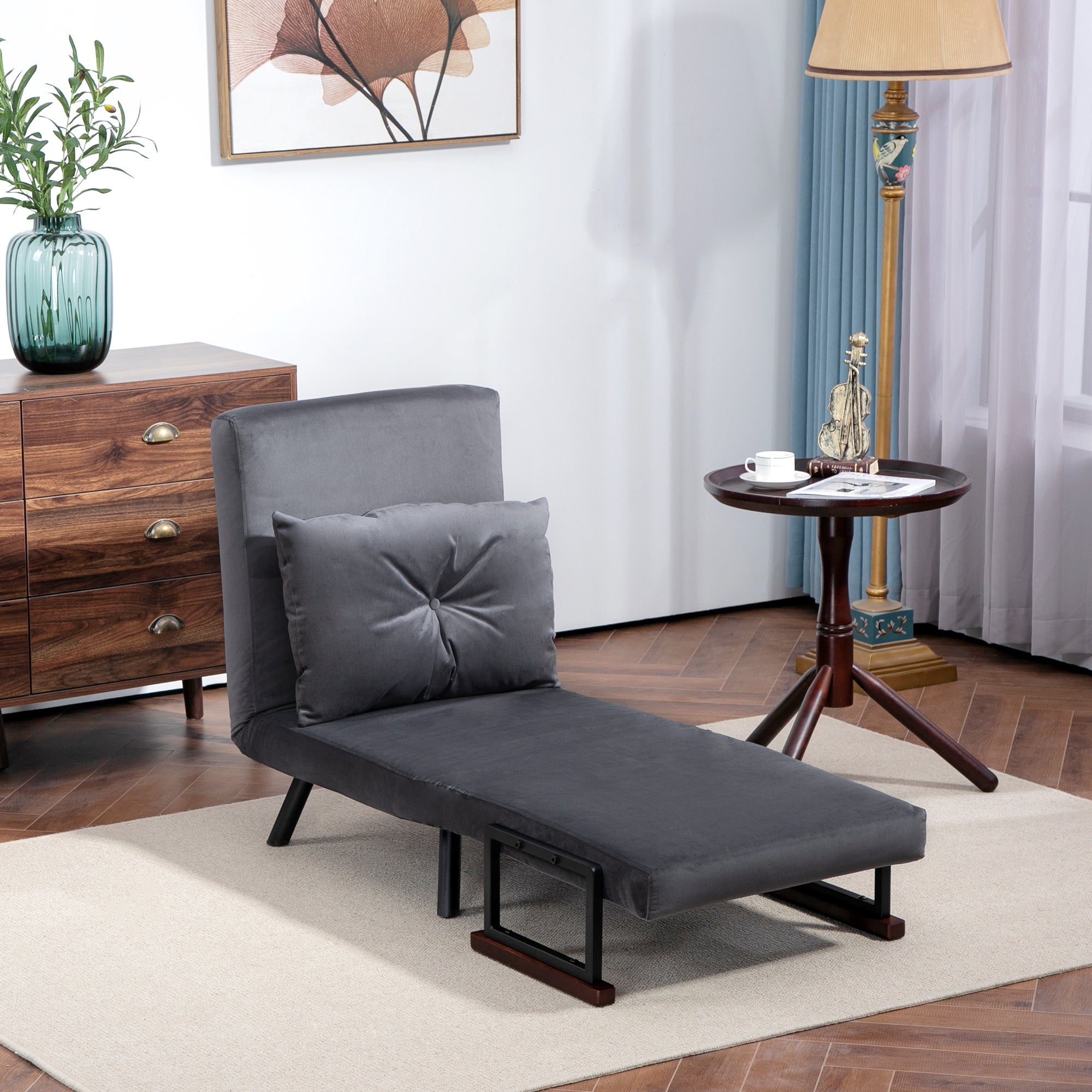 HOMCOM Single Chair Bed, Click Clack Convertible Bed Settee, Modern Velvet Feel Fabric Chair Couch with 1 Tufted Cushion, Wood Armrests, for Living Room, Bedroom, Guest Room, Charcoal Grey