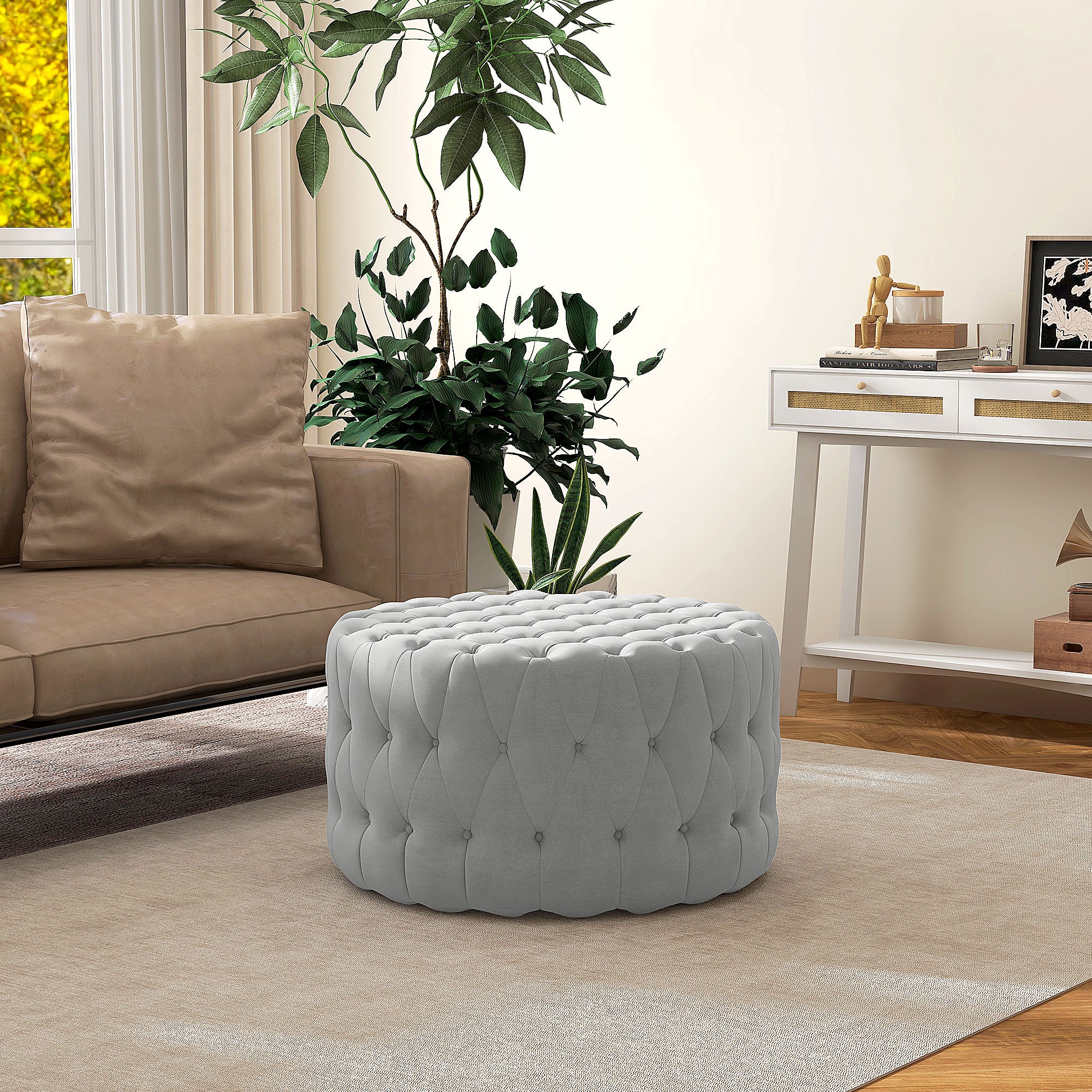 Round Ottoman Coffee Table with Velvet-feel Upholstery & Padded Seat, Gray