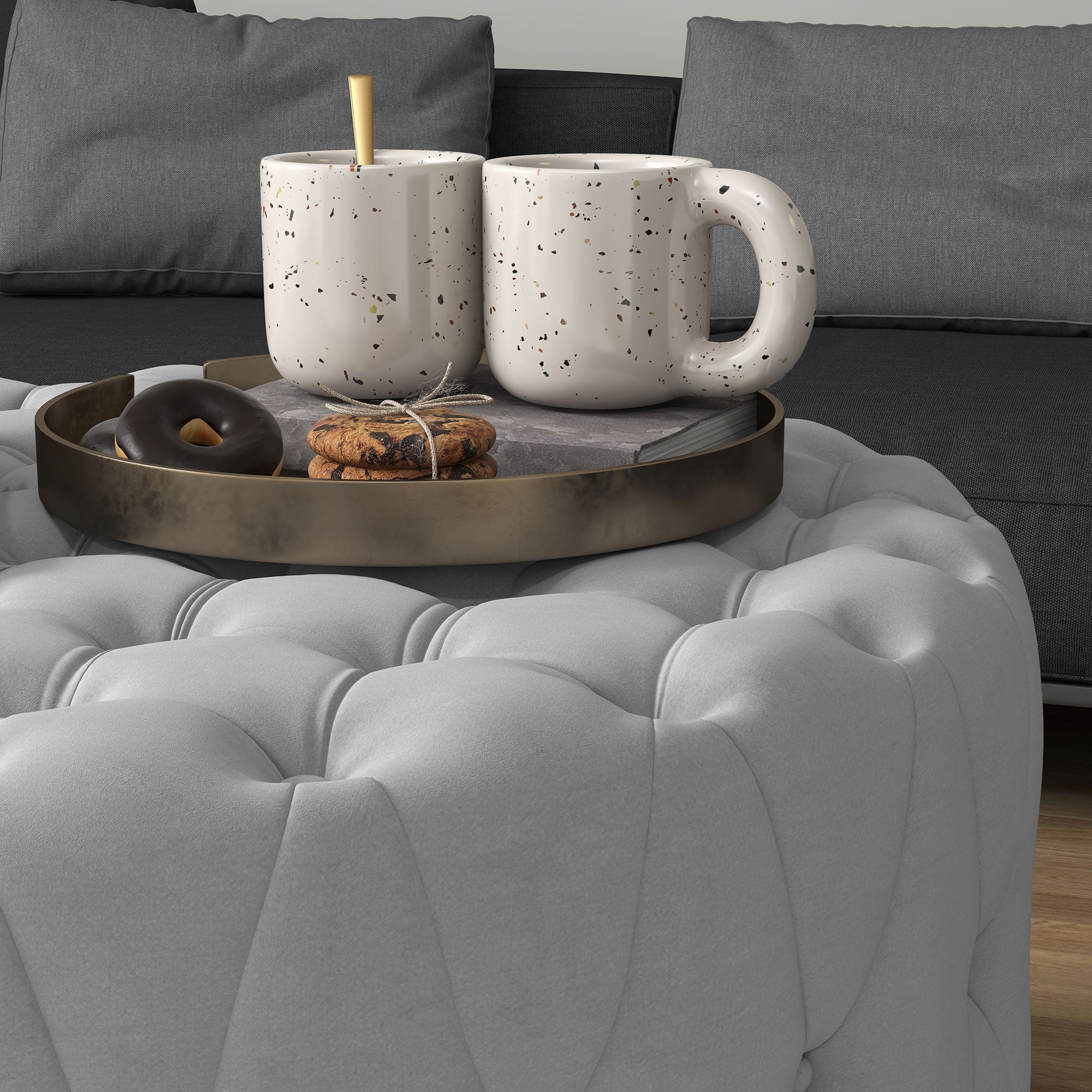 Round Ottoman Coffee Table with Velvet-feel Upholstery & Padded Seat, Gray