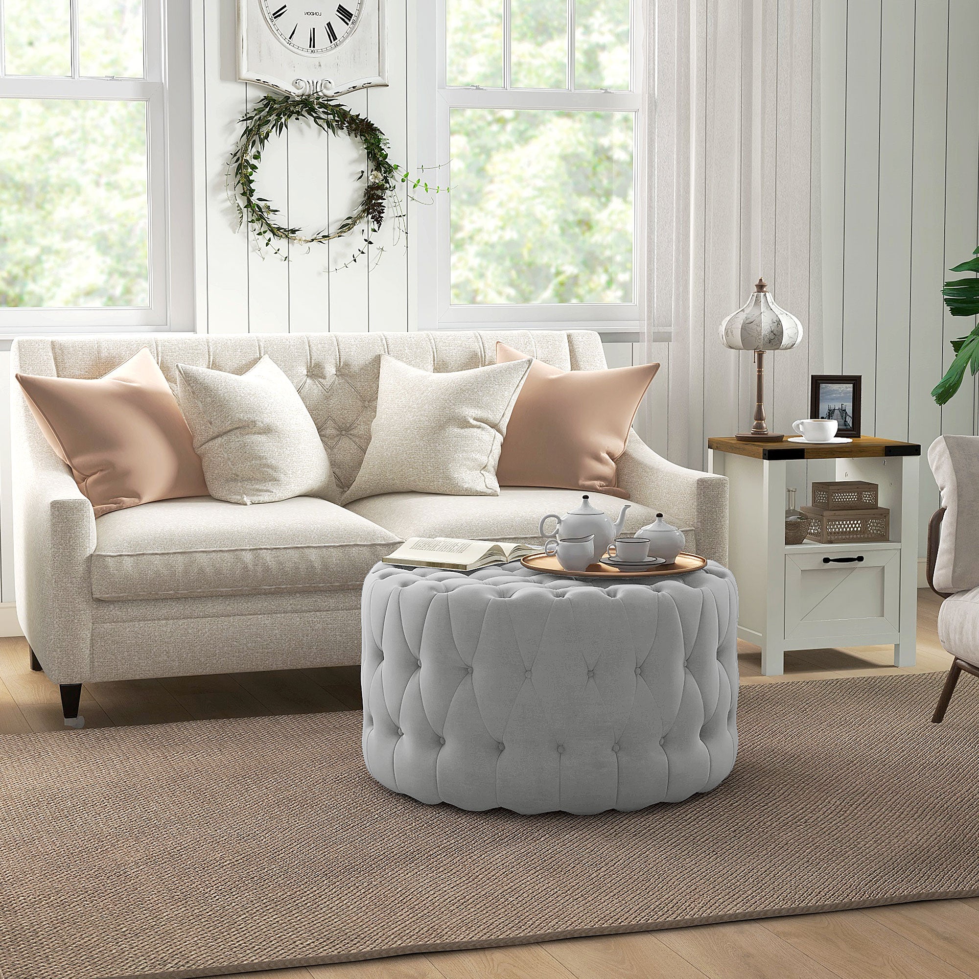 Round Ottoman Coffee Table with Velvet-feel Upholstery & Padded Seat, Gray