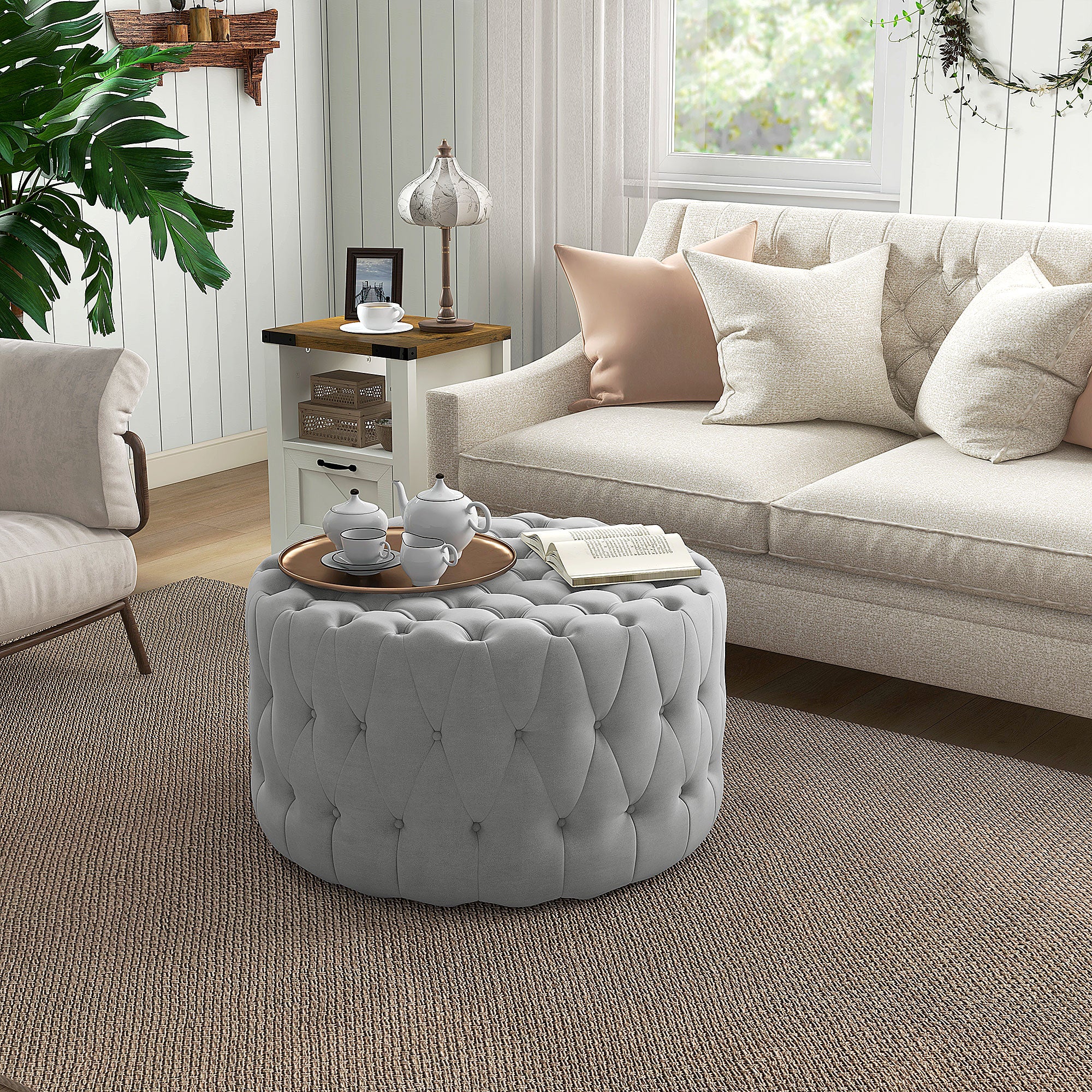 Round Ottoman Coffee Table with Velvet-feel Upholstery & Padded Seat, Gray