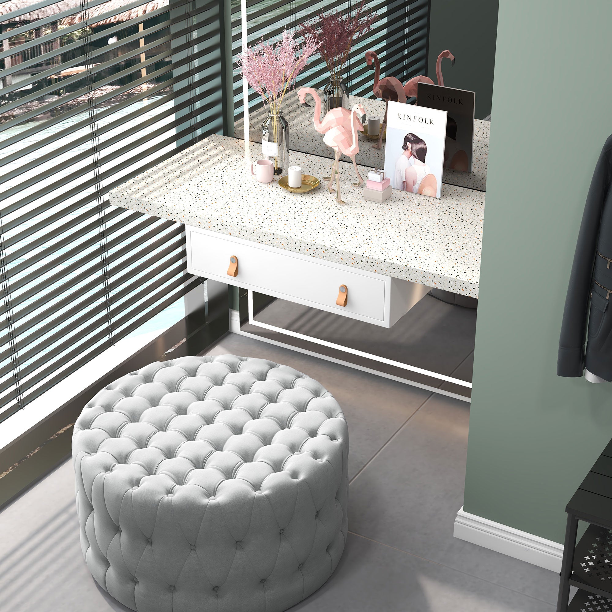 Round Ottoman Coffee Table with Velvet-feel Upholstery & Padded Seat, Gray