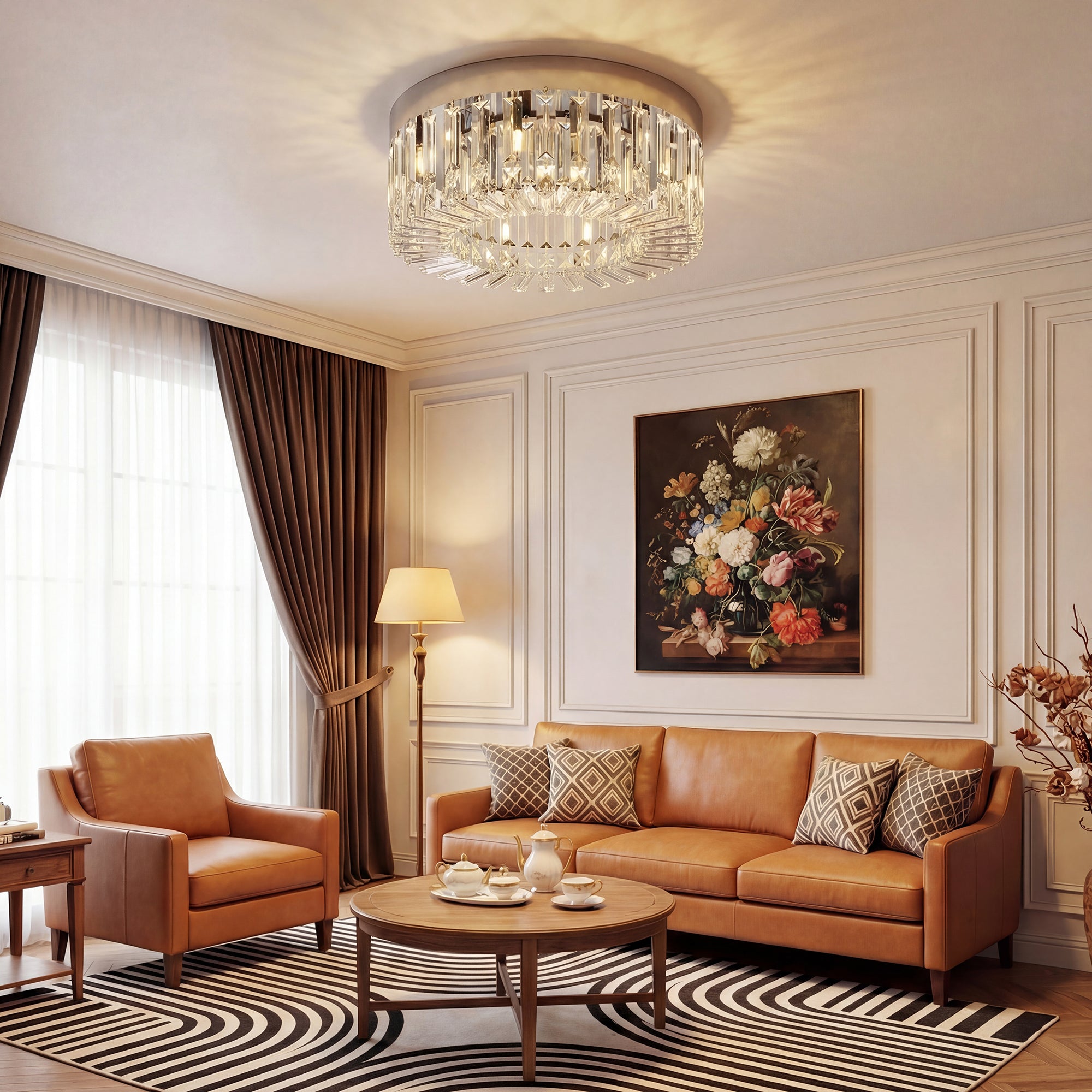 Crystal Chandeliers Ceiling Light with 160 Crystal Pendants, Modern 6-Light Flush Mount Ceiling Light for Living Room, Bedroom, Dining Room, Hall, Silver Tone