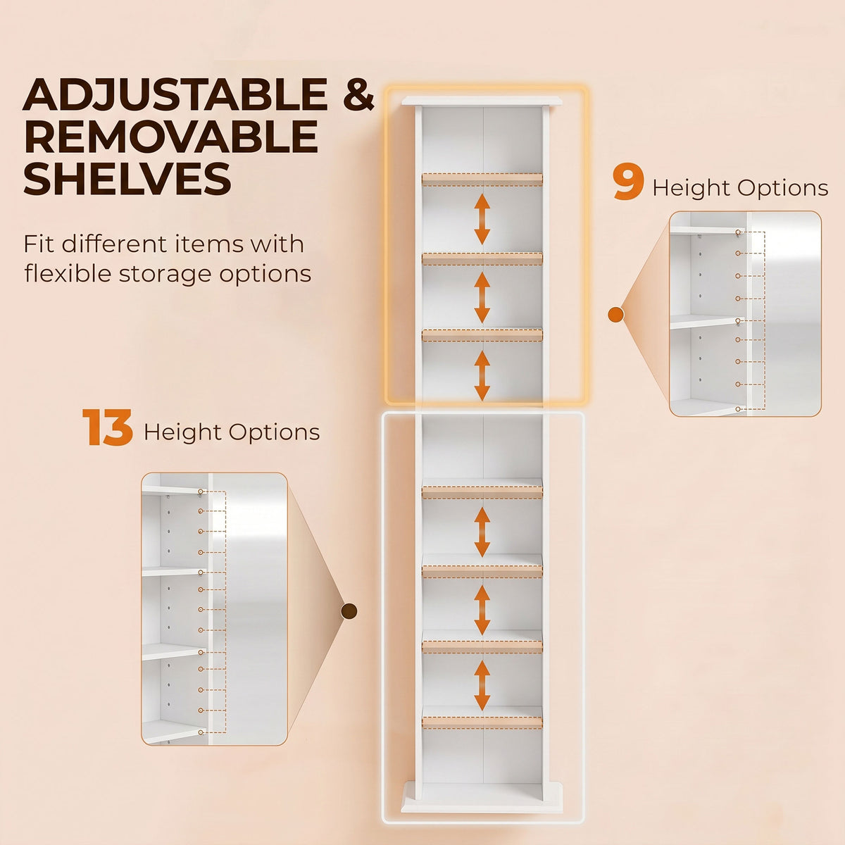 Slim Media Storage Cabinet, 9-Tier DVD Shelf with 7 Adjustable Shelves, 9 Compartments, Holds 252 CDs, 147 DVDs or 189 Blu-rays, White