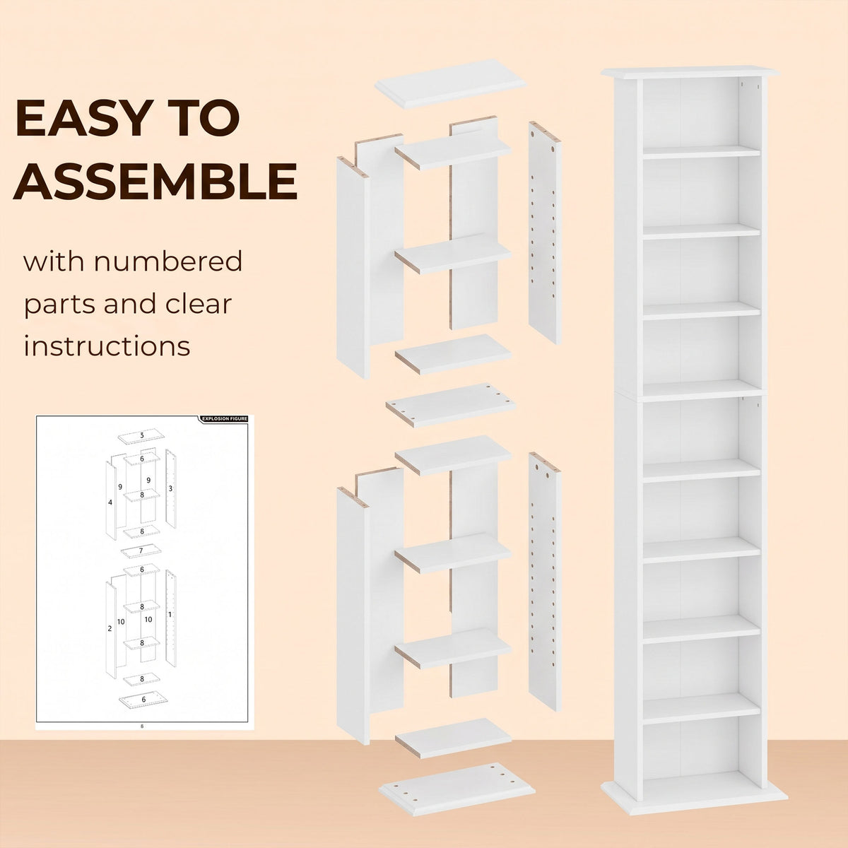 Slim Media Storage Cabinet, 9-Tier DVD Shelf with 7 Adjustable Shelves, 9 Compartments, Holds 252 CDs, 147 DVDs or 189 Blu-rays, White