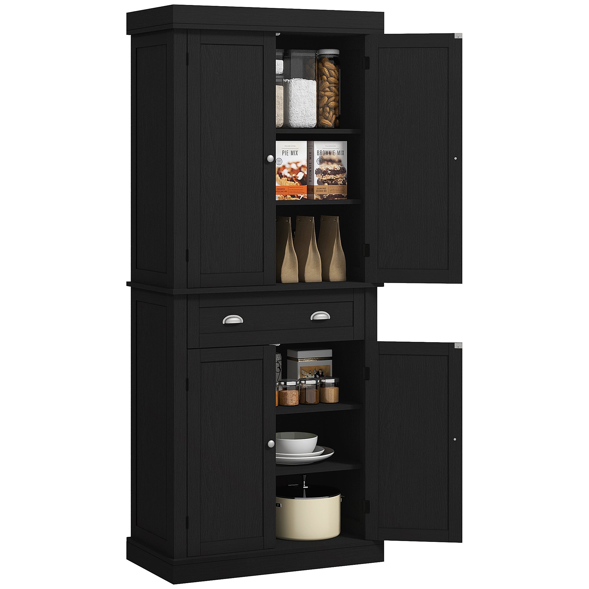 72.5" Freestanding Food Pantry Cabinet with Drawer, Doors and Shelves, Black Wood Grain