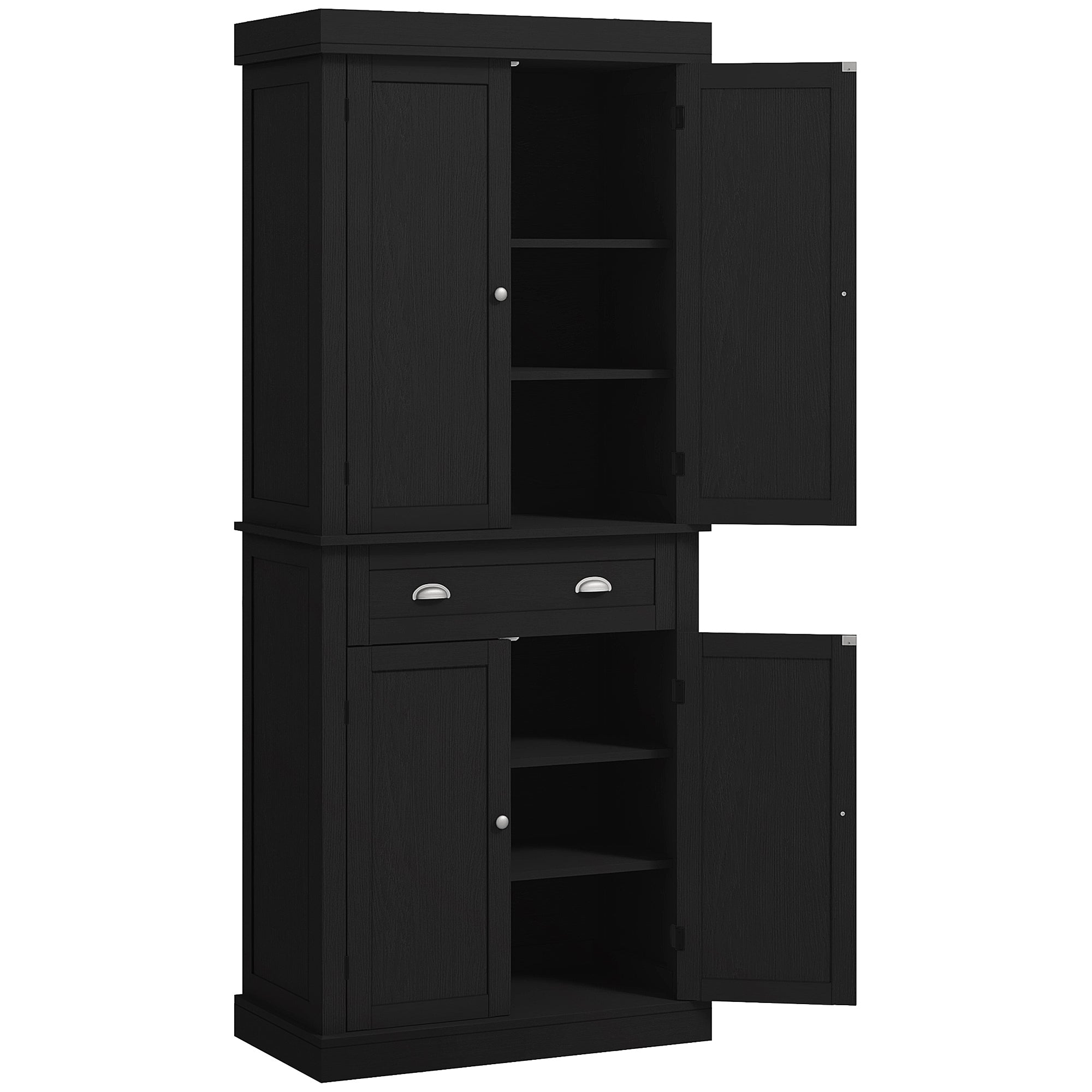 72.5" Freestanding Food Pantry Cabinet with Drawer, Doors and Shelves, Black Wood Grain