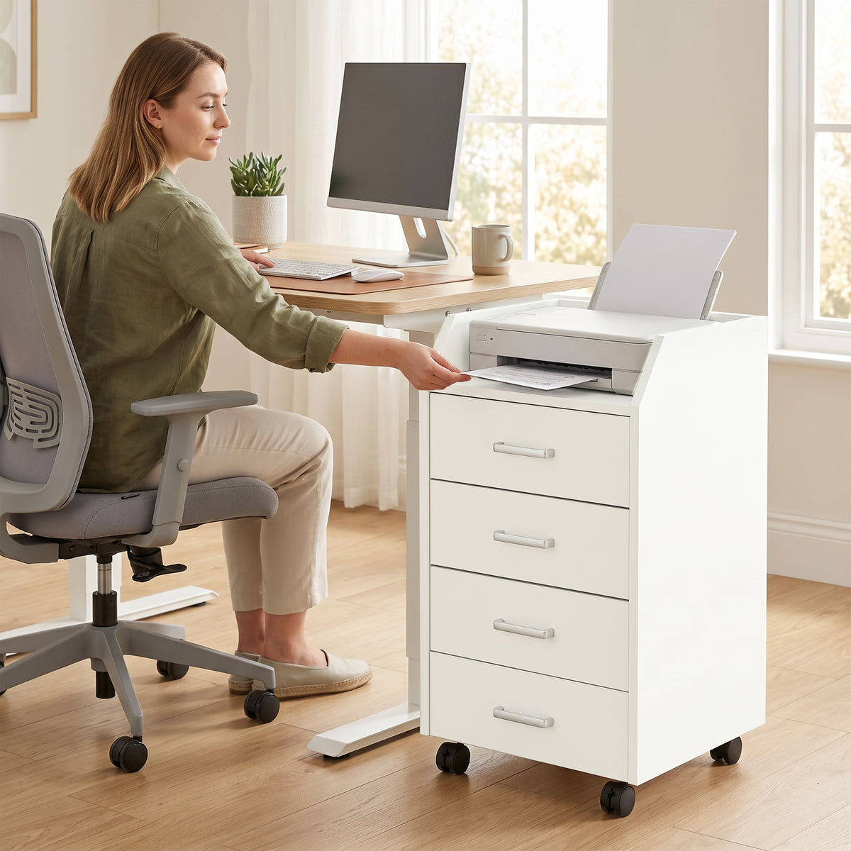 4-Drawer File Cabinet with Lockable Wheels, Vertical Mobile Filing Cabinet, Rolling Printer Stand with Tabletop for Home Office, White