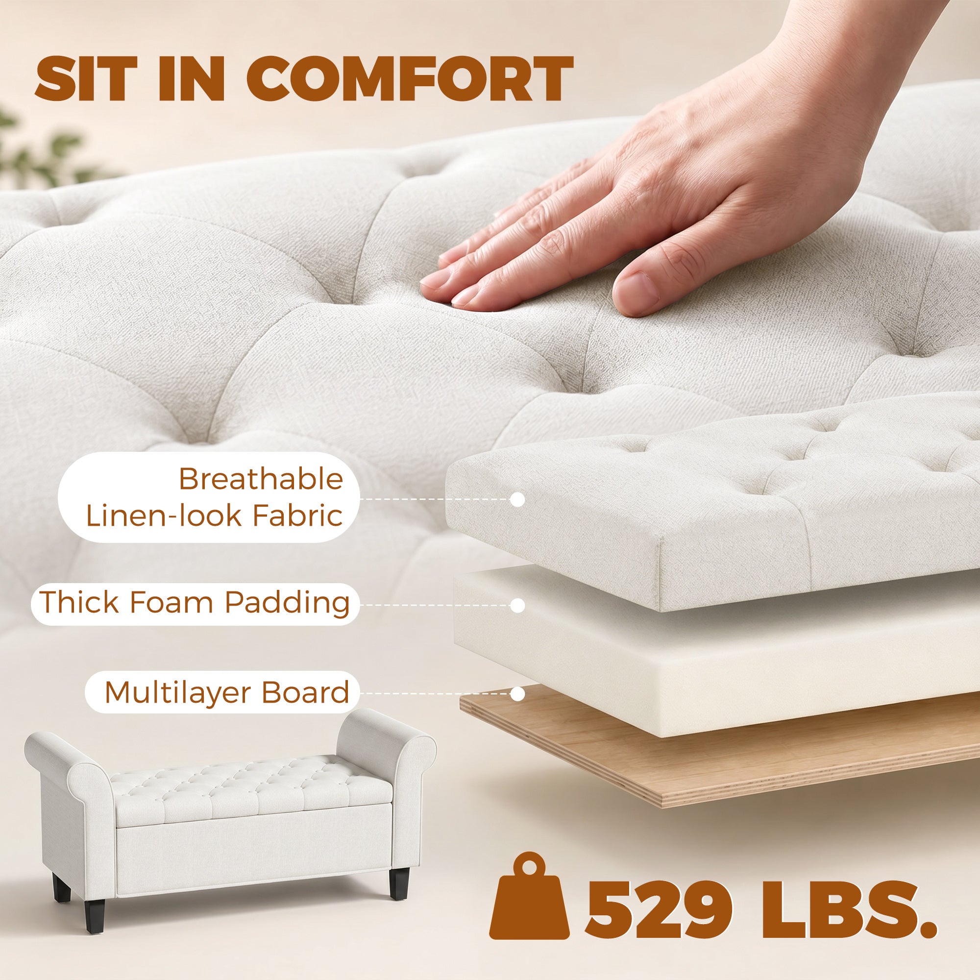 47" Storage Ottoman Bench, Tufted Long Ottoman with Storage Chest, Rolled Arms, Safety Hinge, Wooden Legs, Upholstered End of Bed Bench, 528 lbs for Bedroom, Entryway, Living Room, Cream White