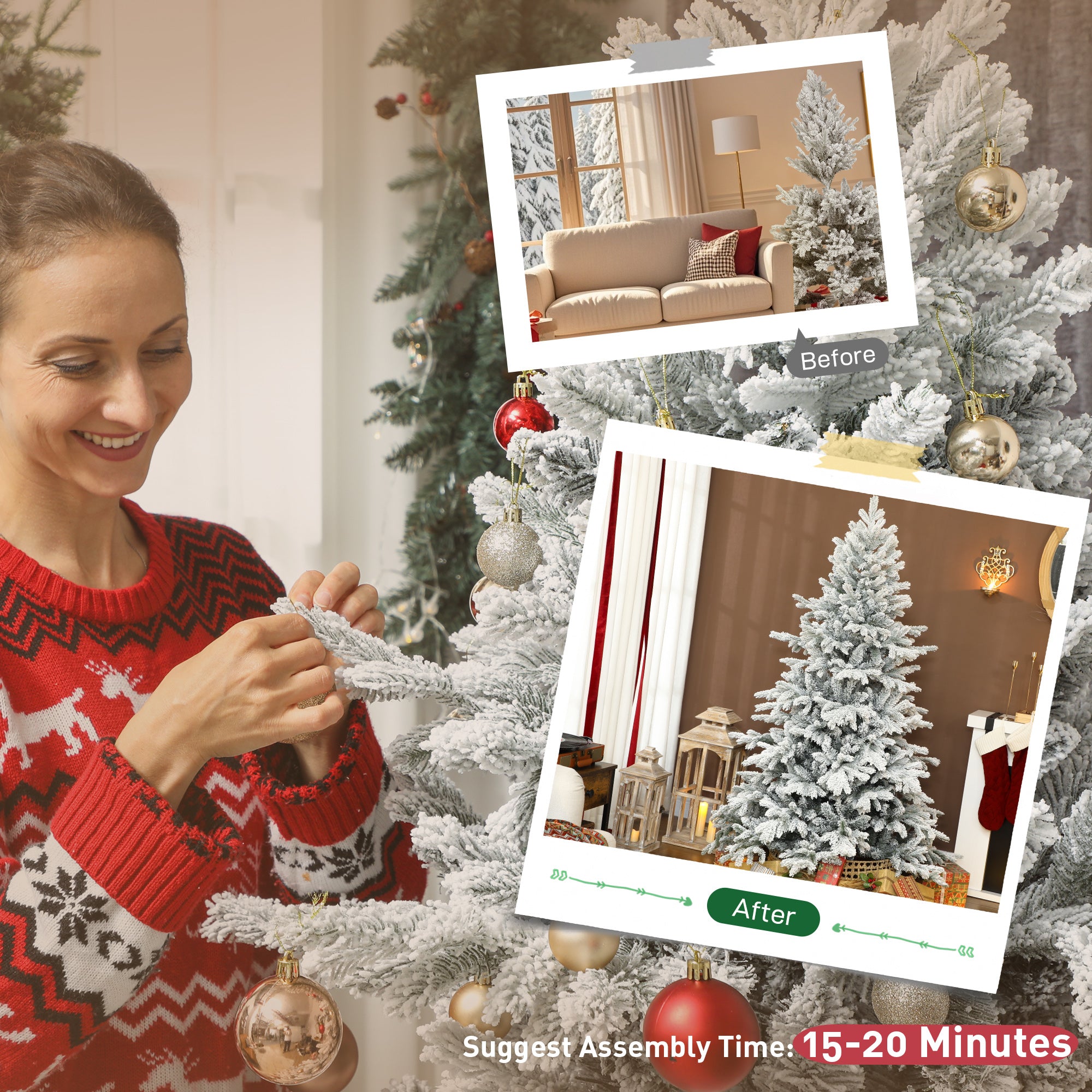 6ft Snow Flocked Christmas Tree with Realistic Tips, Hinged Xmas Tree with Wide Shape, Foldable Metal Stand, Easy Assembly, for Home Decor