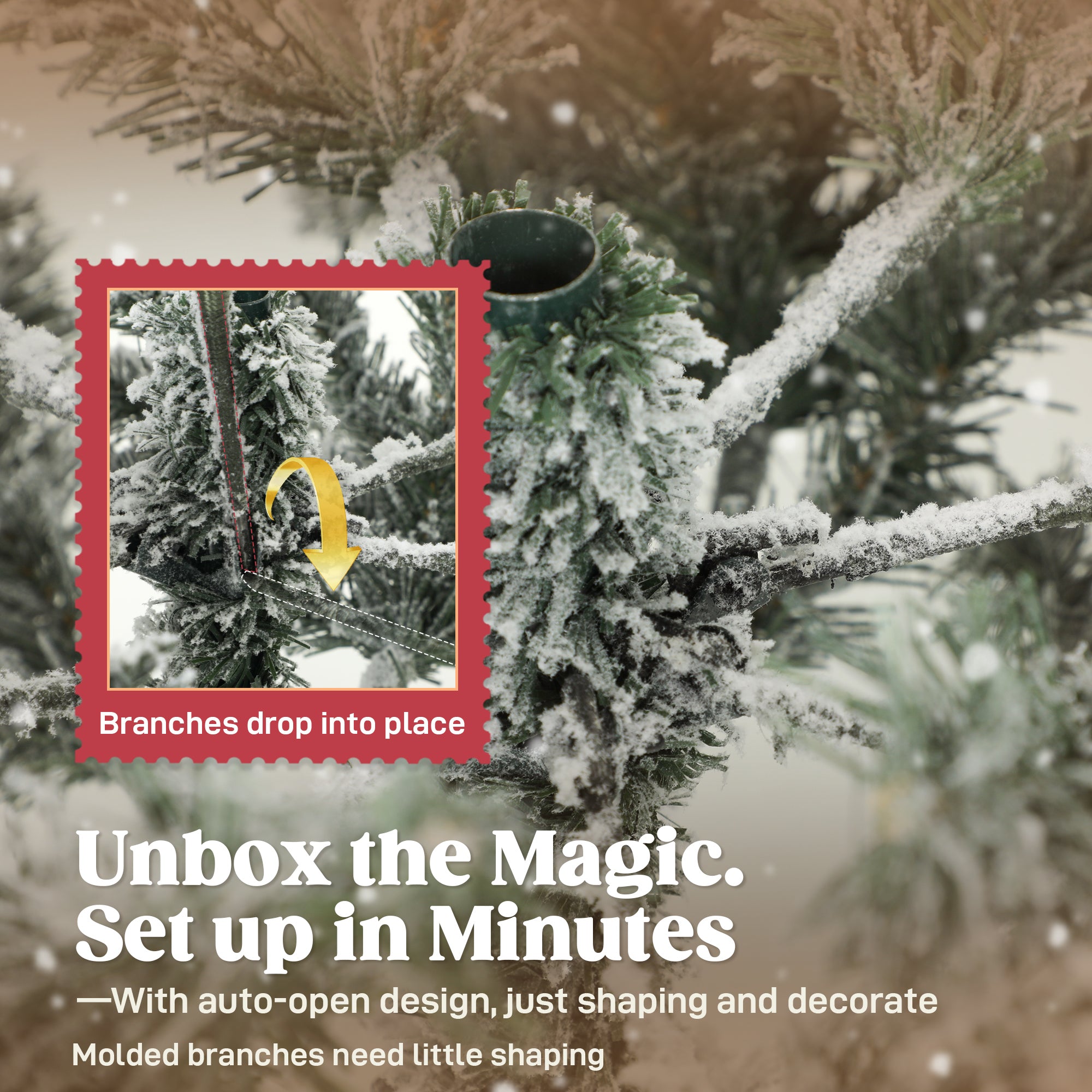 6ft Snow Flocked Christmas Tree with Realistic Tips, Hinged Xmas Tree with Wide Shape, Foldable Metal Stand, Easy Assembly, for Home Decor