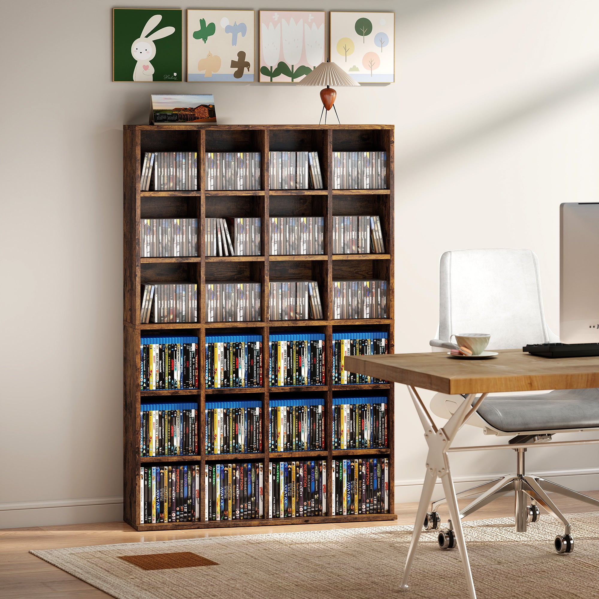 456 CD/ 336 DVD Storage Unit, Media Storage Shelf, Wooden Display Unit with Adjustable Shelves, 89 x 130.5 cm, Rustic Brown