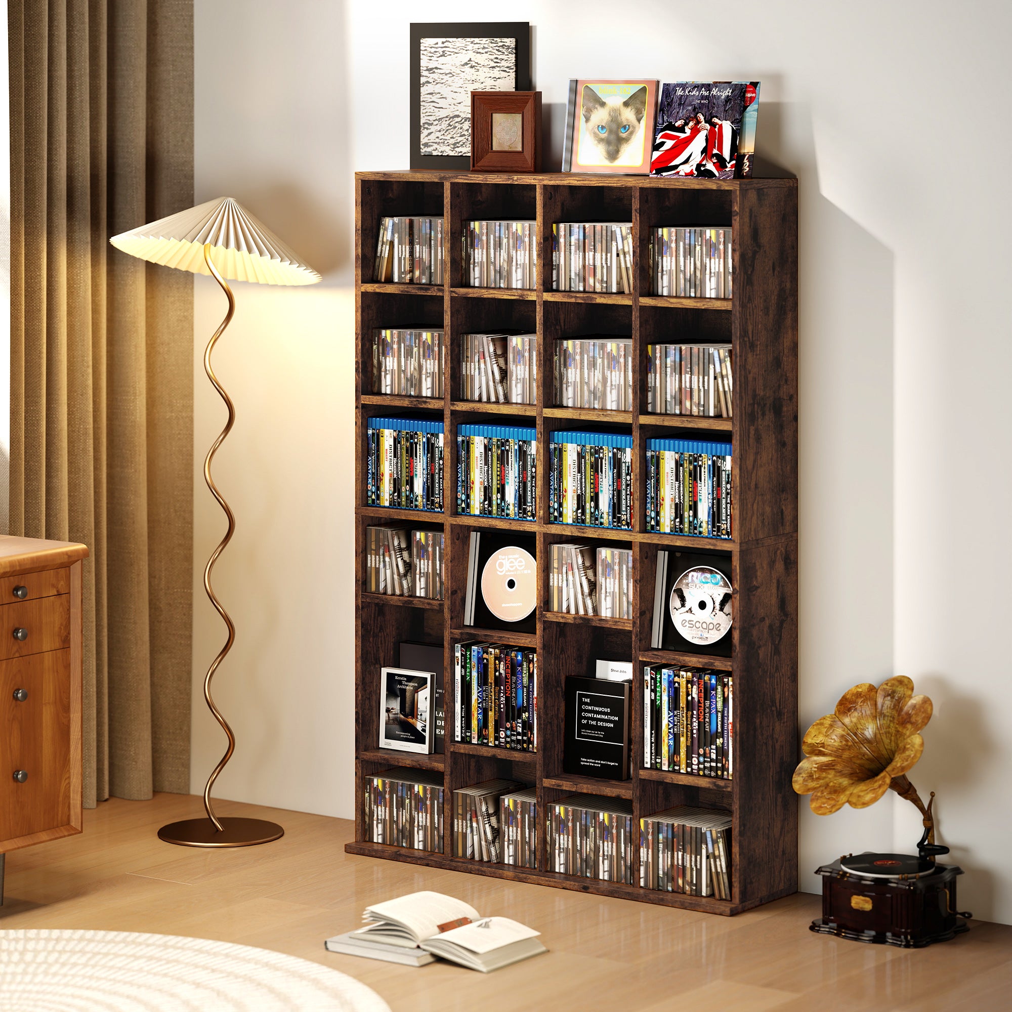 456 CD/ 336 DVD Storage Unit, Media Storage Shelf, Wooden Display Unit with Adjustable Shelves, 89 x 130.5 cm, Rustic Brown