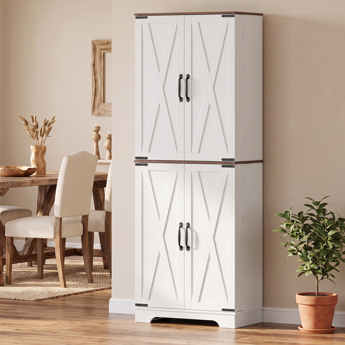 166cm Tall Kitchen Pantry Cabinet, Adjustable Shelves, Farmhouse Storage Cabinet with 8 Shelves and 16 Door Racks, Freestanding Food Pantry, Barn Doors, White and Brown