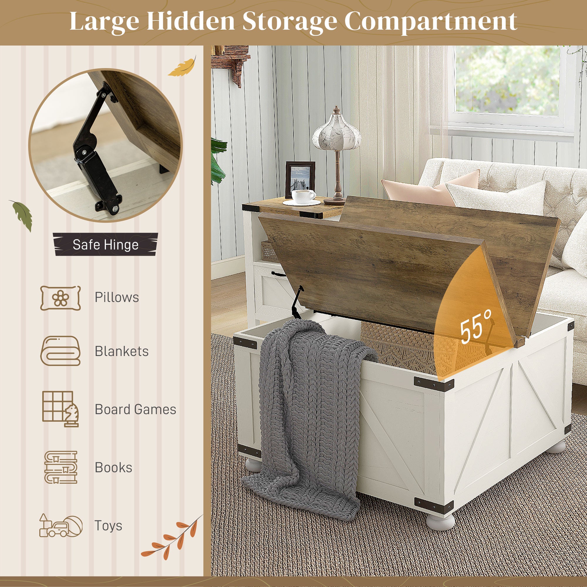 Farmhouse Coffee Table with Storage Large Square Wooden Center Table White