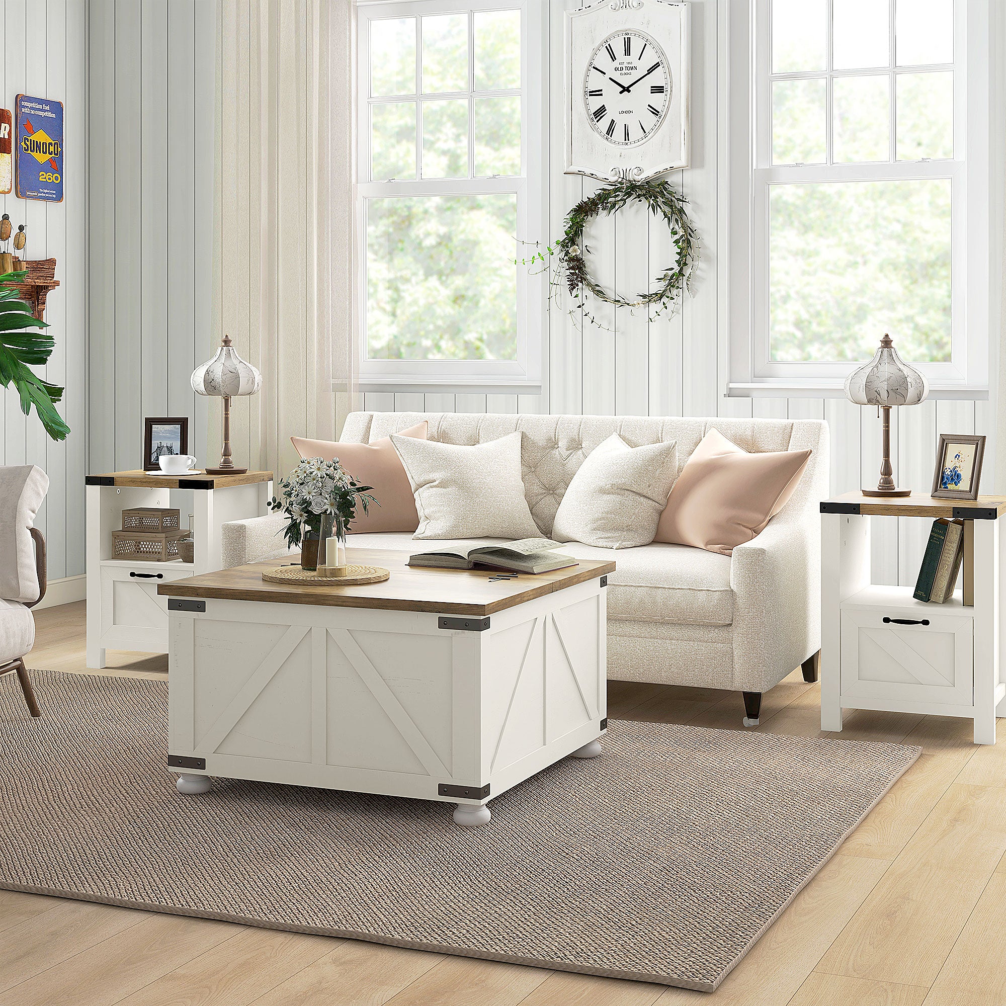 Farmhouse Coffee Table with Storage Large Square Wooden Center Table White