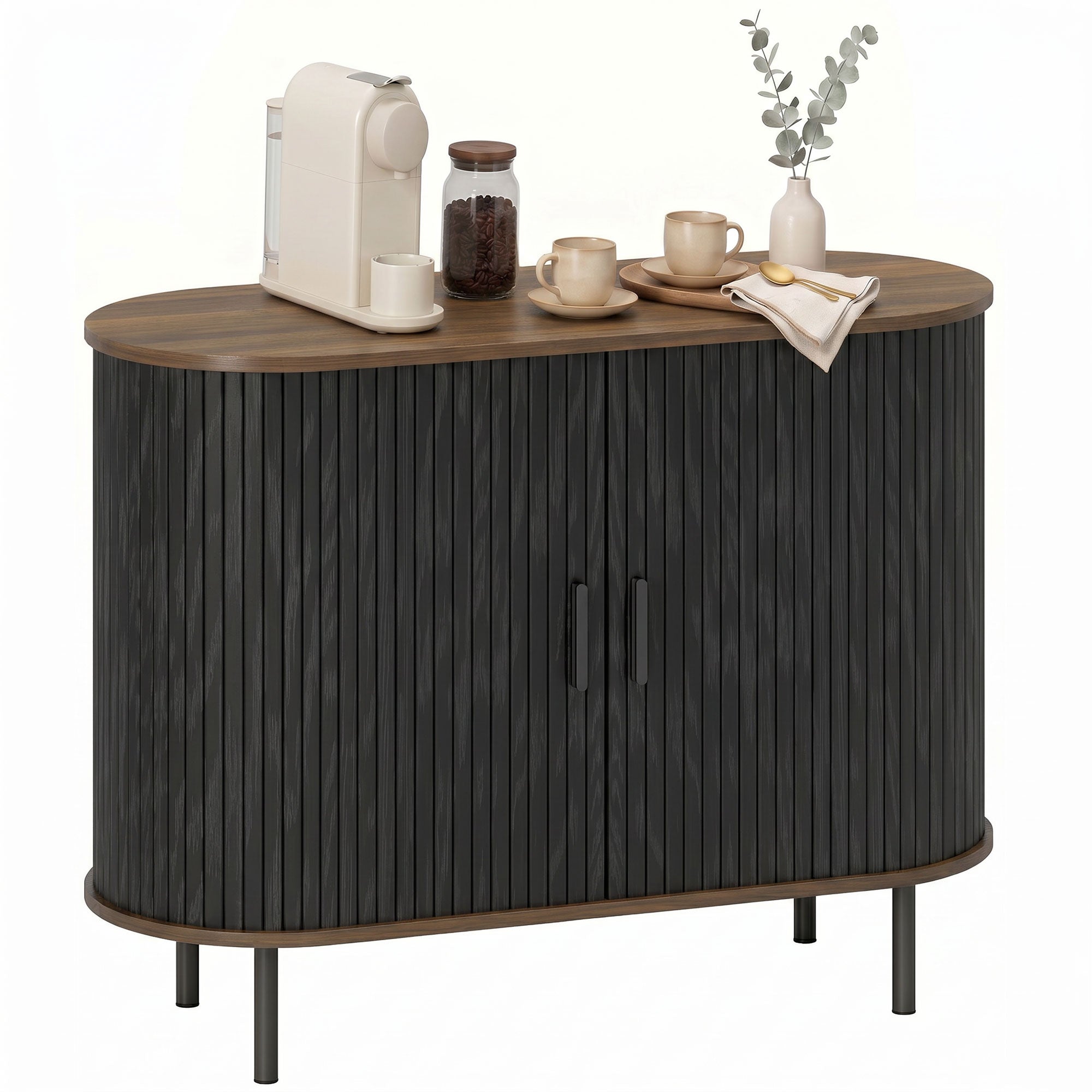 Sideboard Buffet Cabinet with Curved Tambour Doors, 39.4" Farmhouse Coffee Bar Cabinet with Shelves and Side Slots, Brown Wood Grain and Black