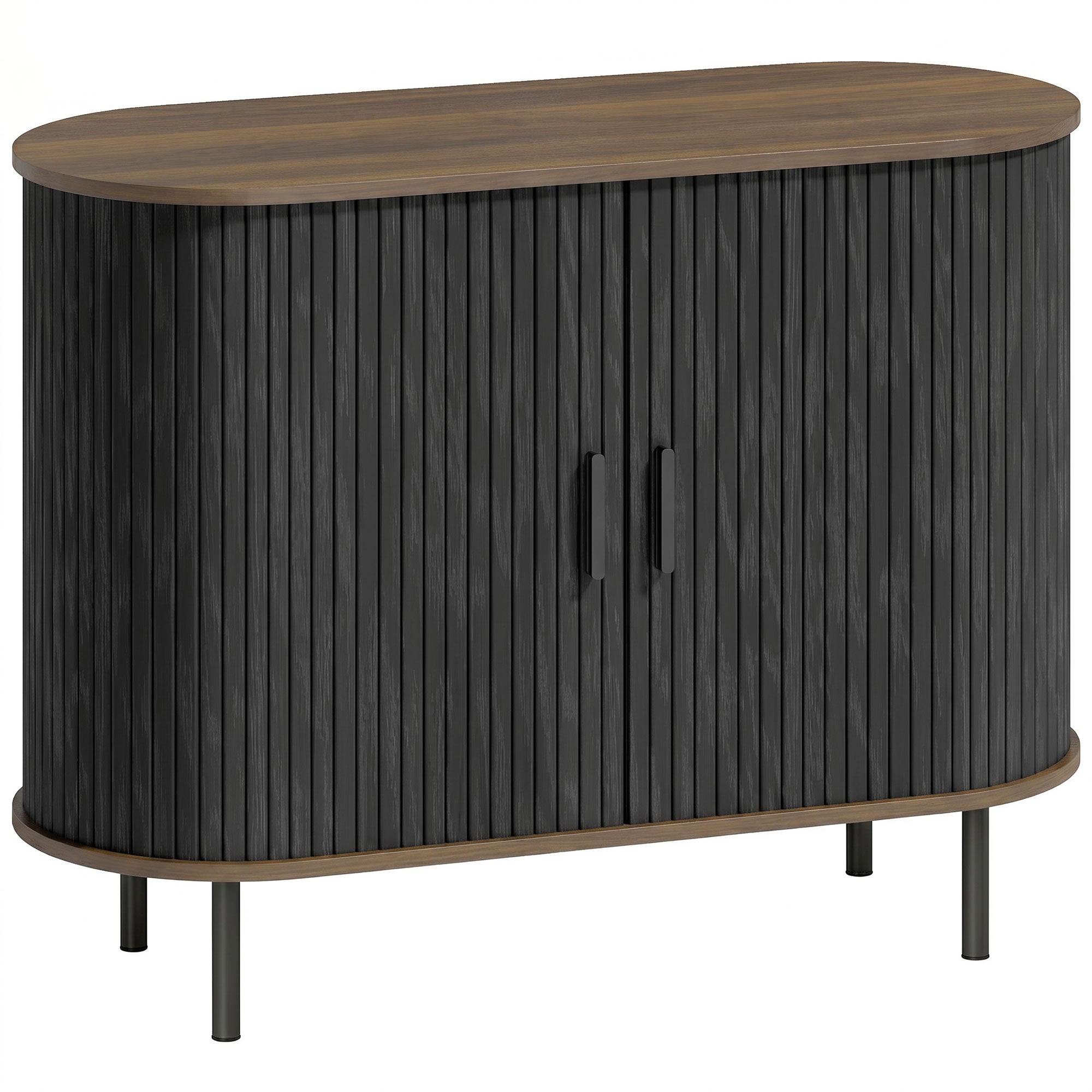 Sideboard Buffet Cabinet with Curved Tambour Doors, 39.4" Farmhouse Coffee Bar Cabinet with Shelves and Side Slots, Brown Wood Grain and Black