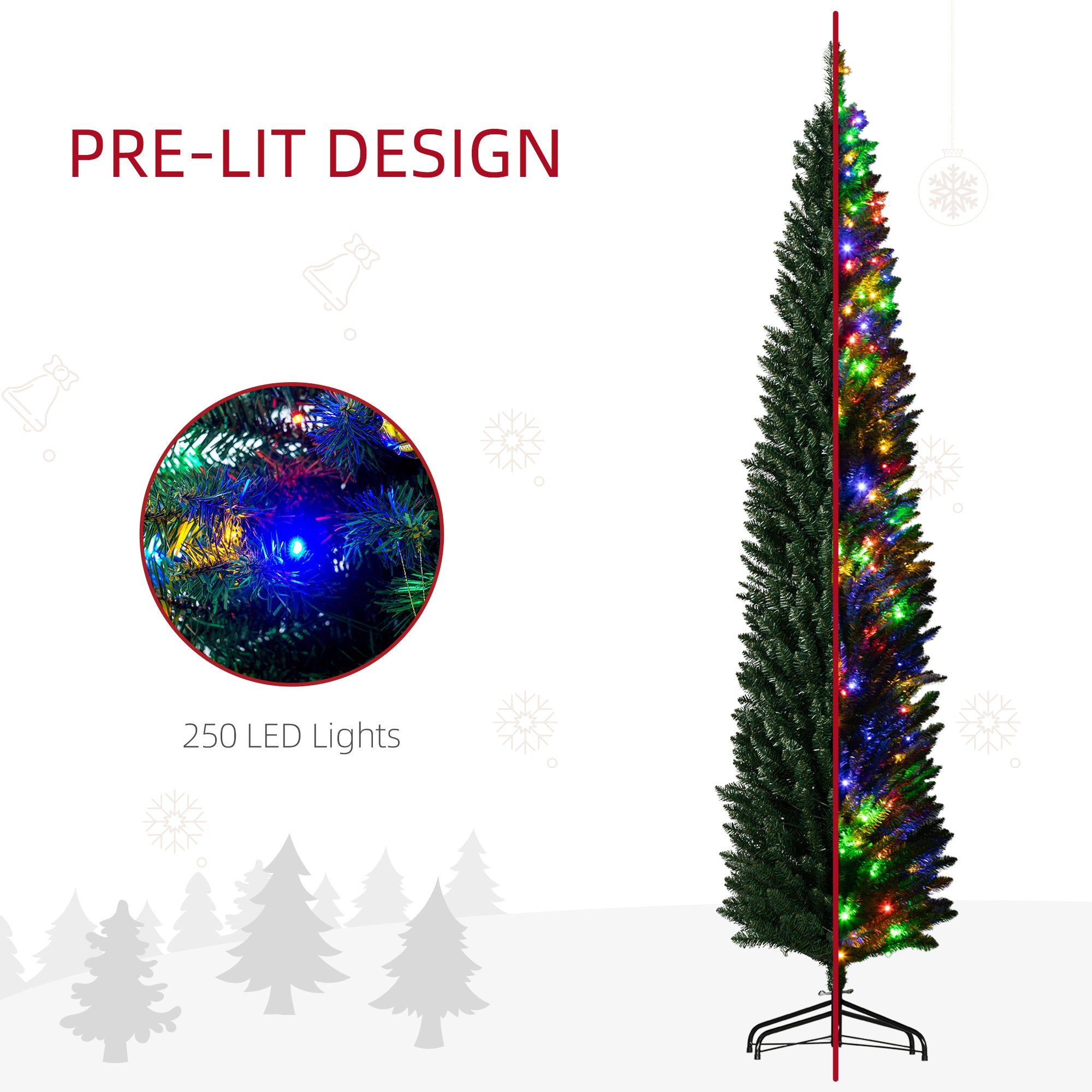 8ft Tall Pencil Prelit Artificial Christmas Tree Holiday Décor with 668 Branches, 250 Colorful LED Lights, Steel Base, Green