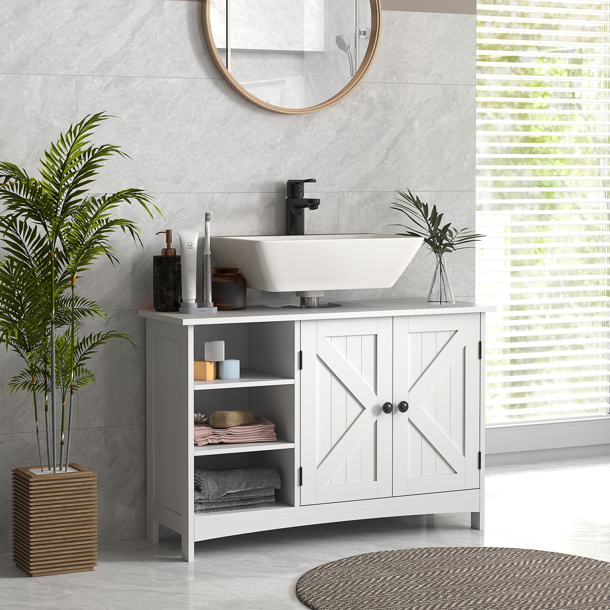 Bathroom Vanity Cabinet, Modern Farmhouse Under Sink Storage Cabinet with Double Doors, Open and Adjustable Shelves for Wall-Mounted Sink, 35.4" W x 11.8" D x 23.6" H, White