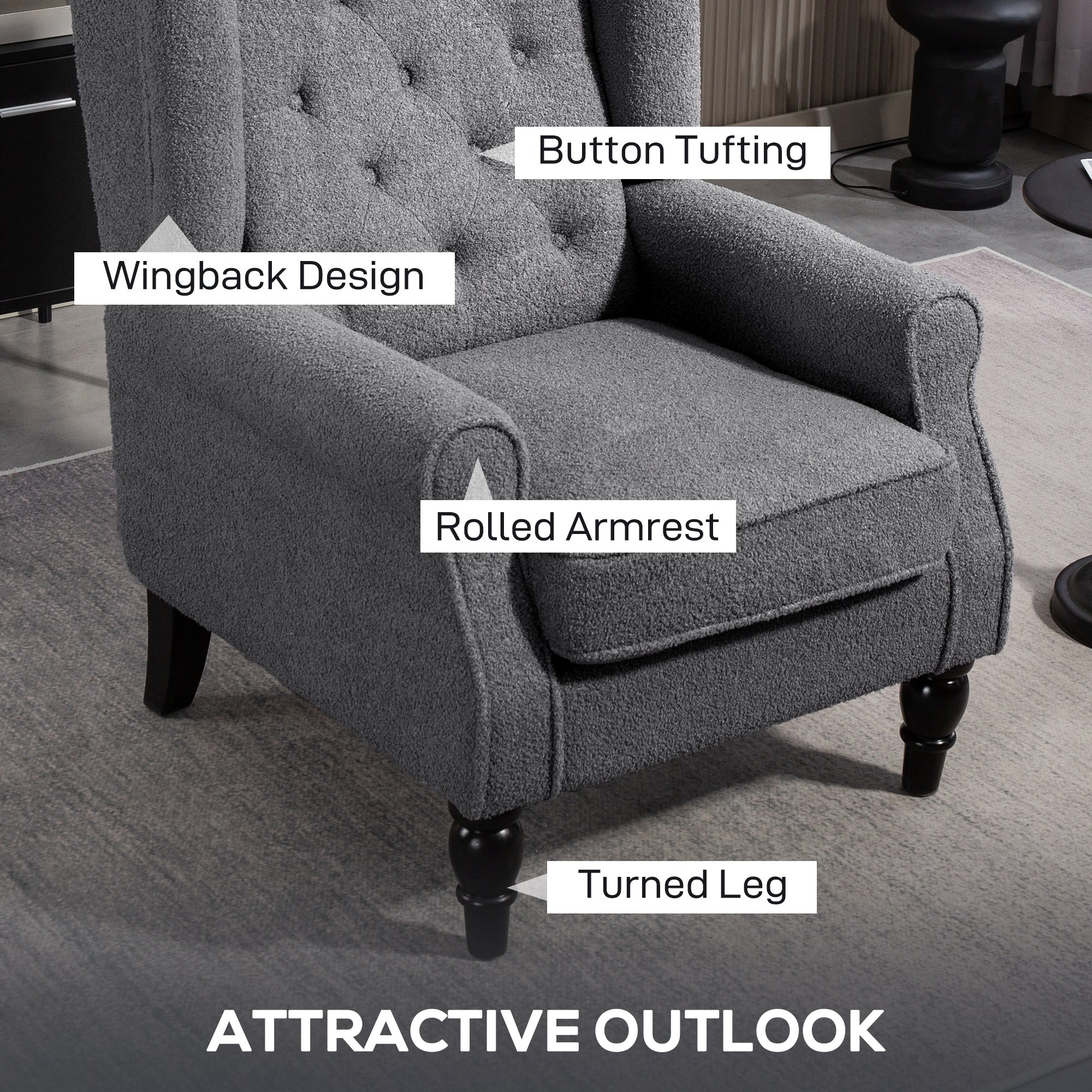 Retro Accent Chair, Teddy Fleece Wingback Armchair with Wood Frame Button Tufted Design for Living Room Bedroom, Charcoal Grey