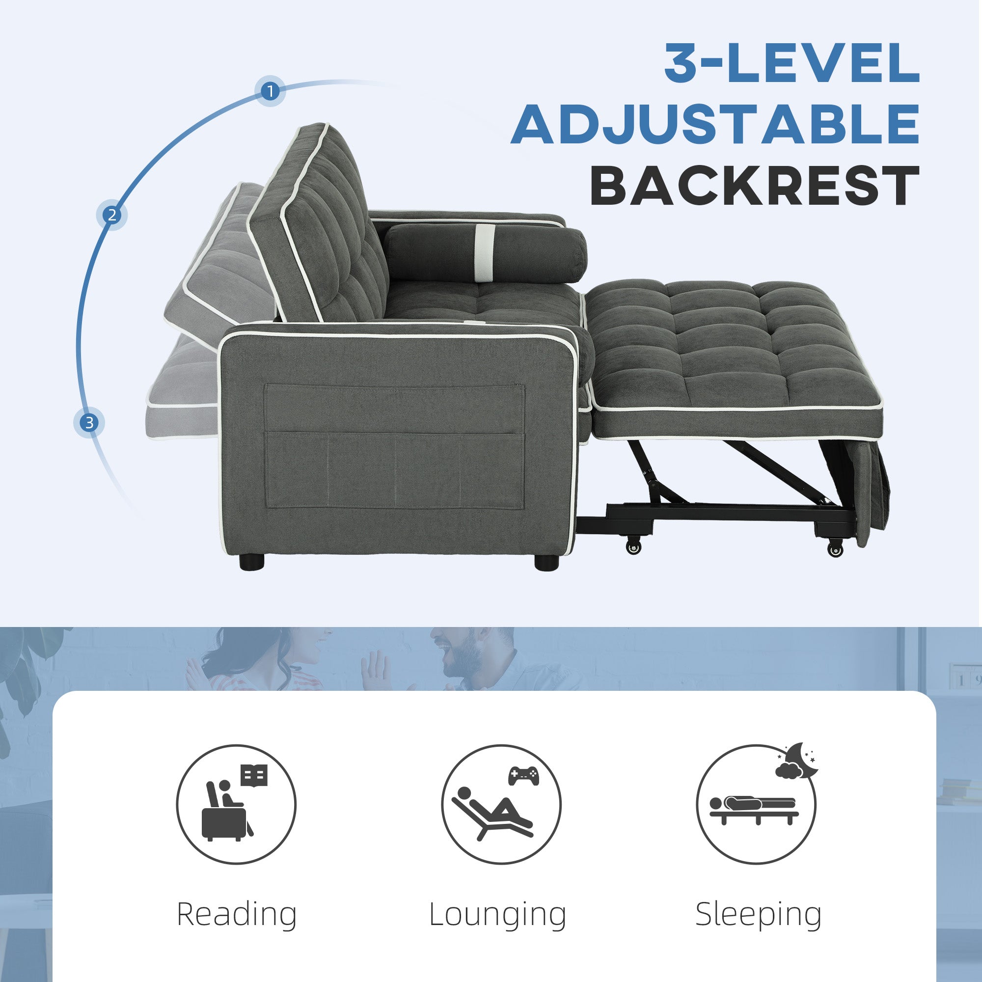 HOMCOM 3-In-1 Convertible 2 Seater Sofa Bed, Click Clack Pull Out Sofa Bed with Adjustable Backrest and Pillows, Modern Tufted Bed Settee for Living Room, Bedroom, Guest Room, Charcoal Grey