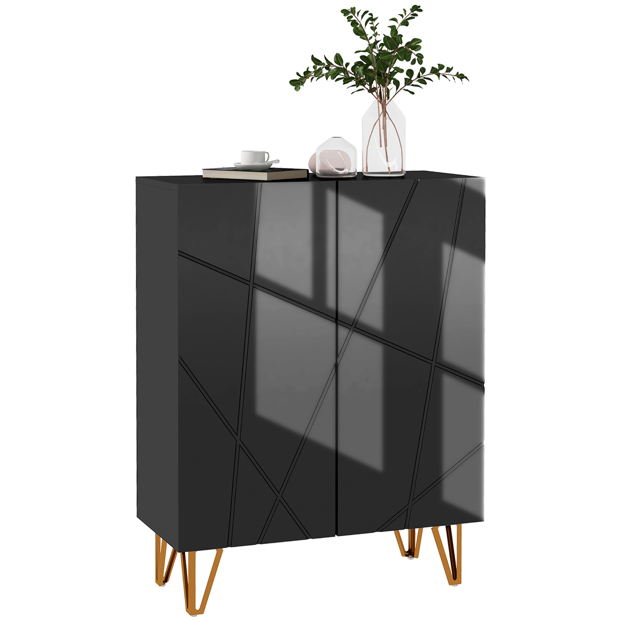 HOMCOM Narrow Shoe Cabinet with High Gloss, Slim Shoe Storage Cabinet with Soft-Close Hinges and Adjustable Shelves for 15-20 Pairs of Shoes, Black