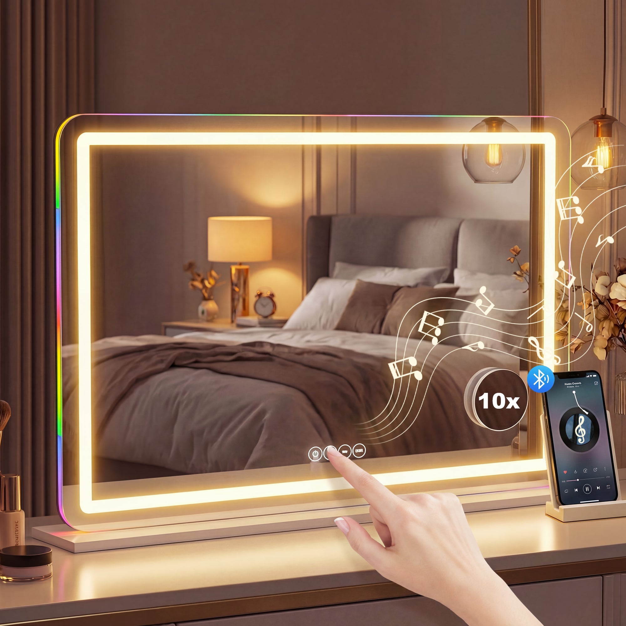 Vanity Mirror with Lights, Dimmable Makeup Mirror with Adjustable Colour Temperature, RGB Light, Bluetooth Speaker, 10X Magnification, Touch Control, 80 x 60 cm, Tabletop & Wall-Mounted, White