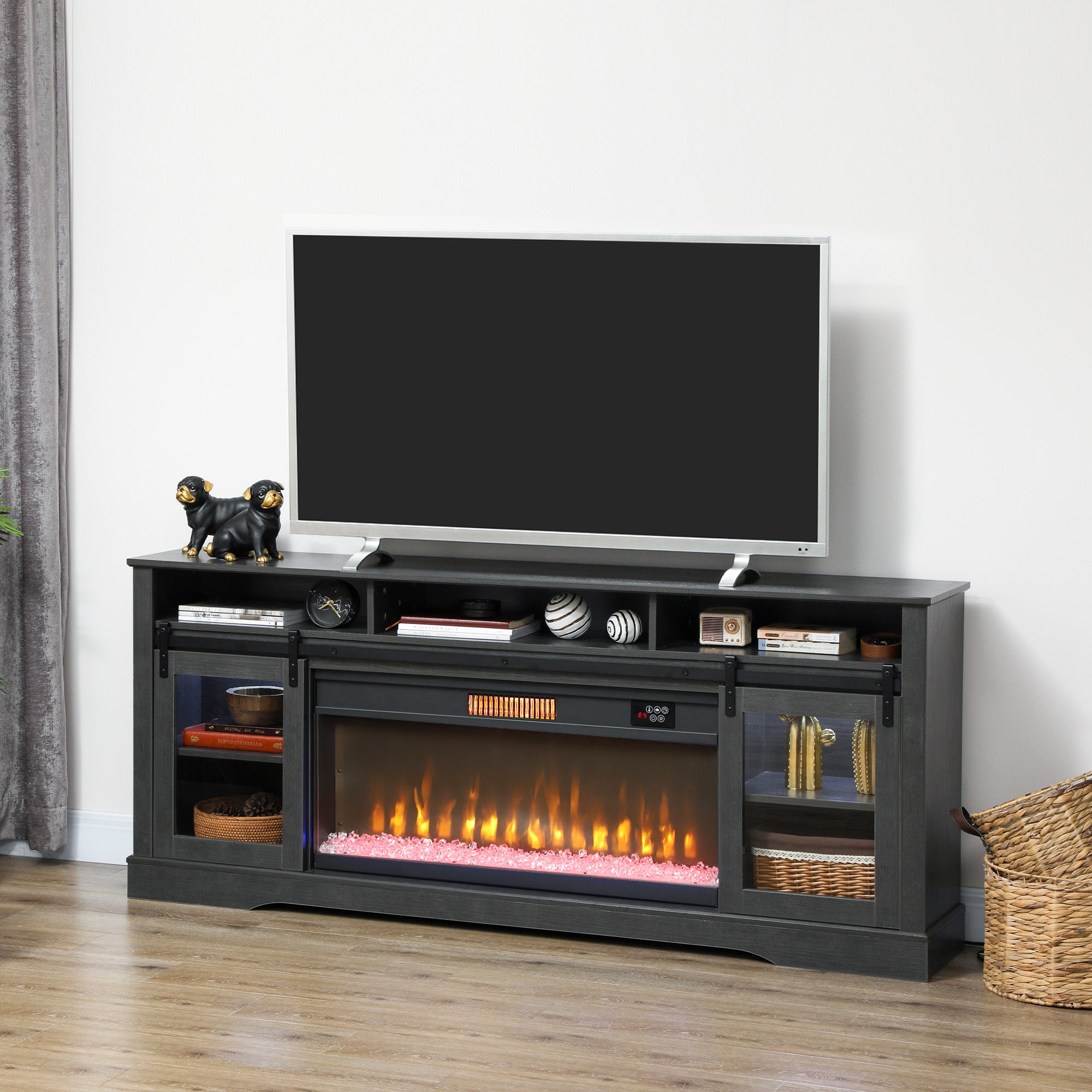 Fireplace TV Stand for TVs Up to 80 Inches, Modern Entertainment Center with 36" Glass Electric Fireplace & LED Lights, TV Console with Open Storage and Side Cabinets for Living Room, Gray